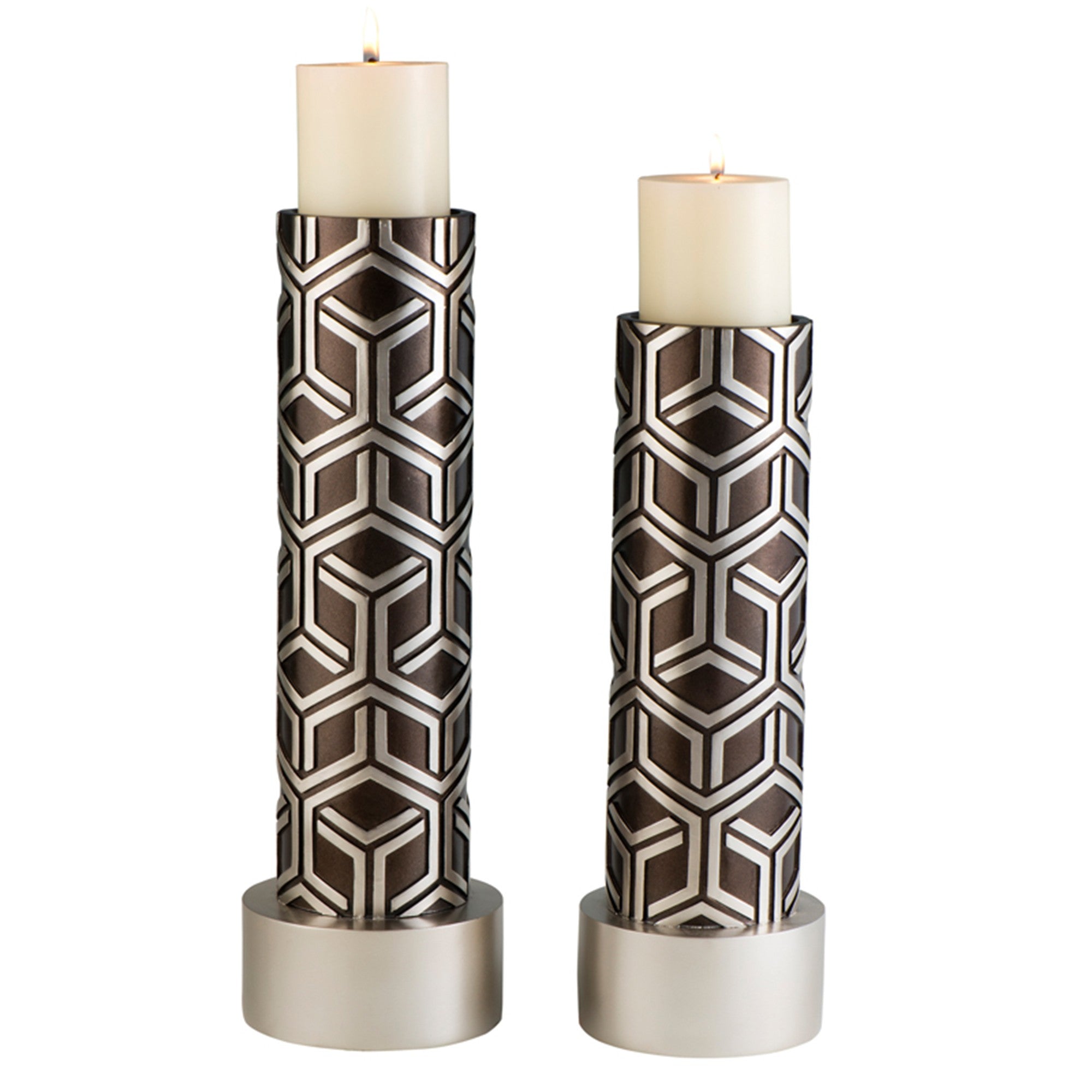 Set Of Two Espresso and Silver Pillar Tabletop Pillar Candle Holders