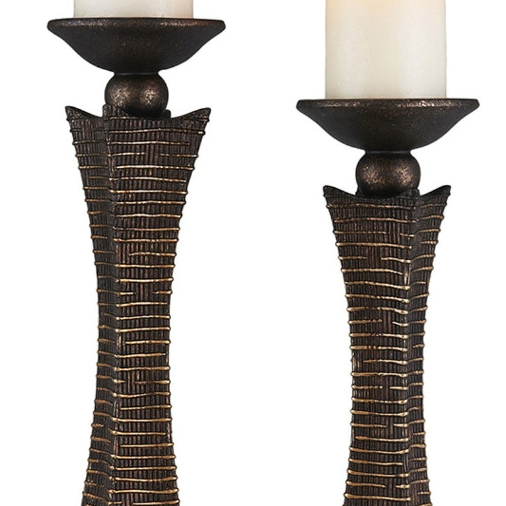 Set of Two Bronze Polyresin Woven Tabletop Pillar Candle Holders With Candle