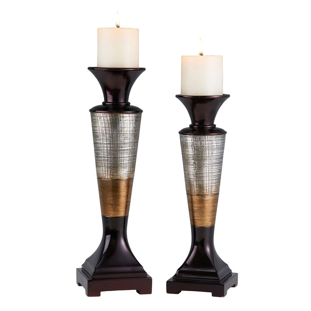 Set of Two Espresso Silver and Gold Polyresin Striped Centerpiece Pillar Candle Holders With Candle