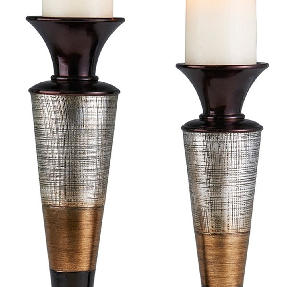 Set of Two Espresso Silver and Gold Polyresin Striped Centerpiece Pillar Candle Holders With Candle