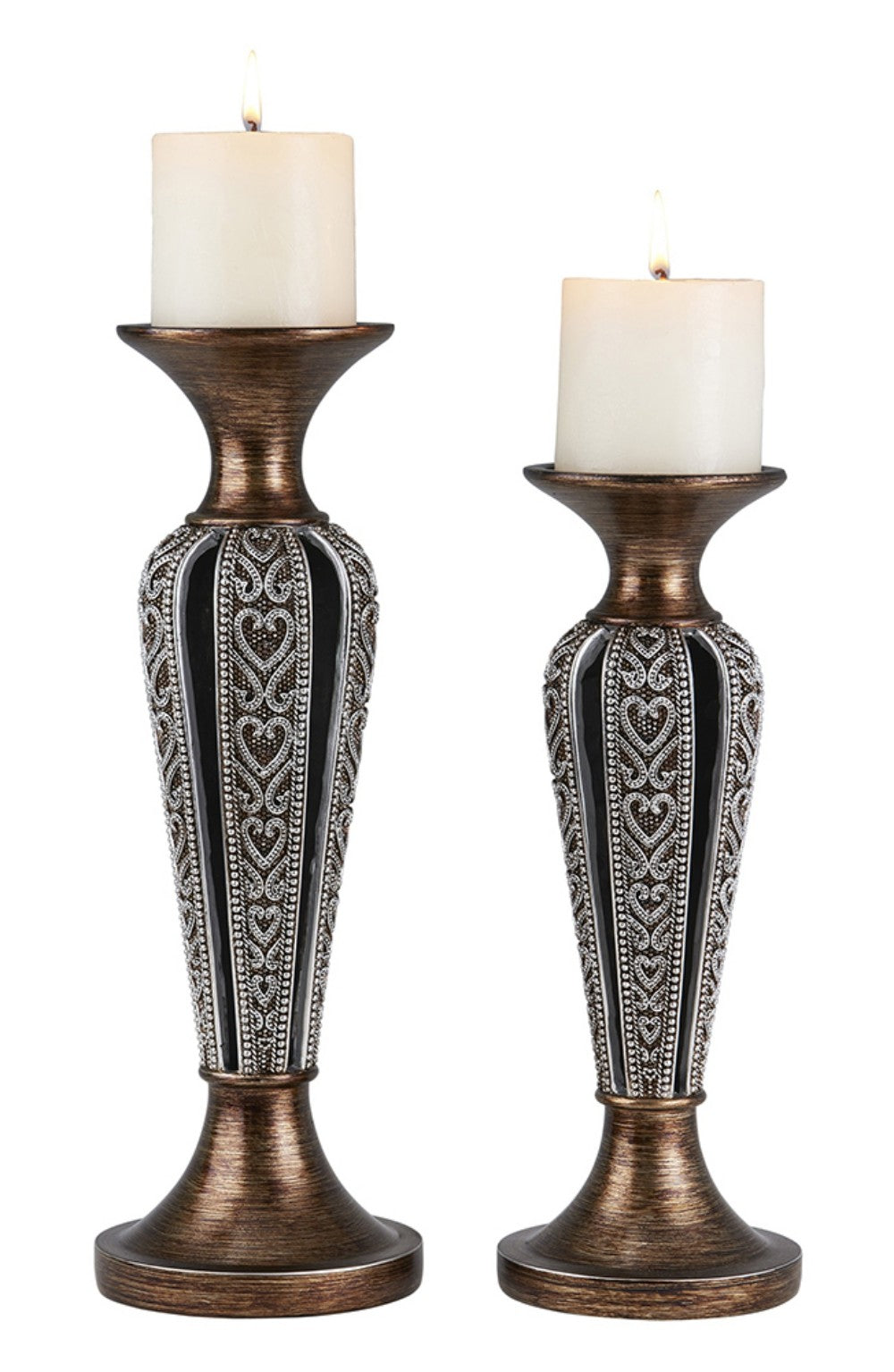 Set of Two Bronze and Silver Polyresin Hearts Centerpiece Pillar Candle Holders With Candle