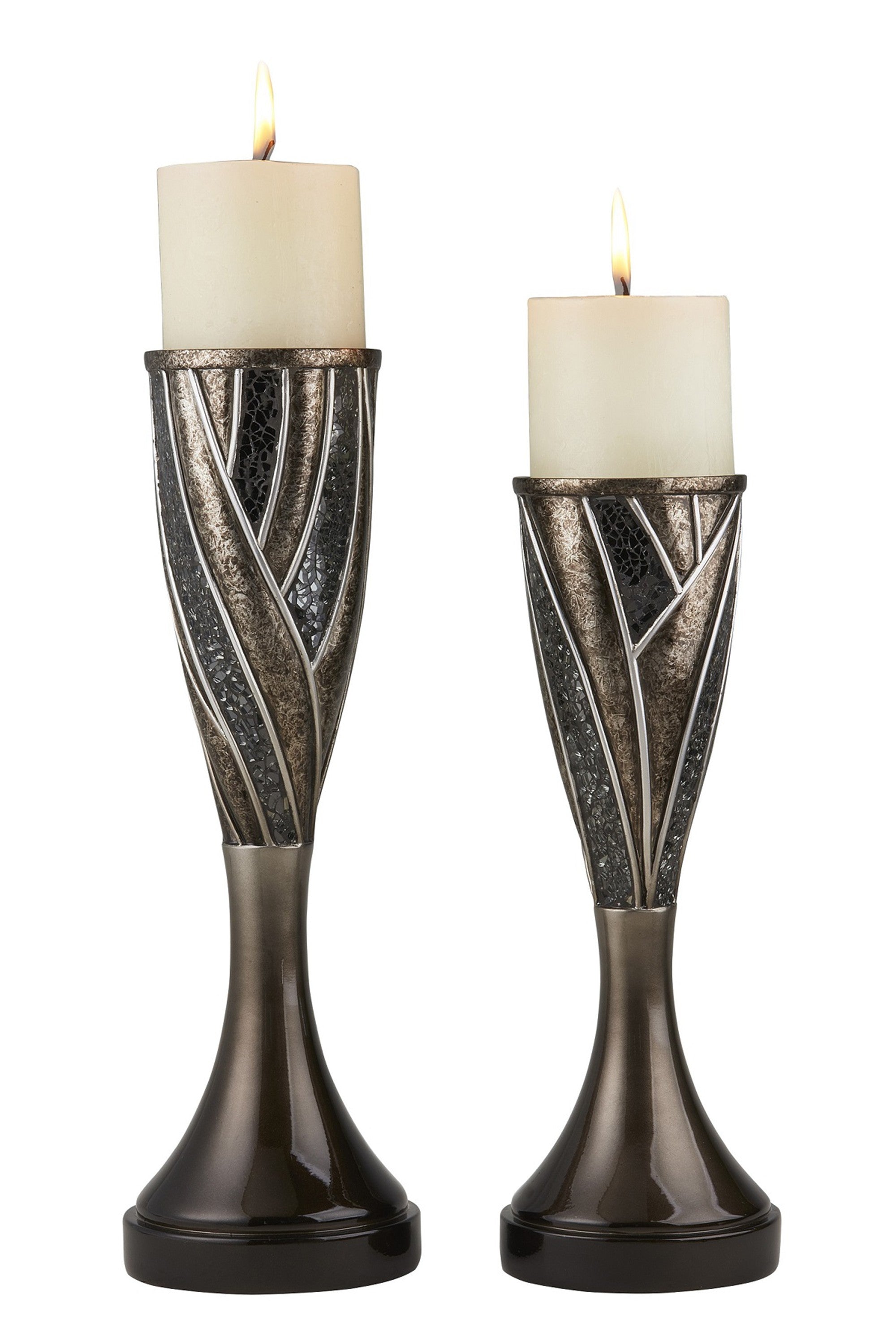 Set of Two Black Silver and Bronze Polyresin Abstract Centerpiece Pillar Candle Holders With Candle