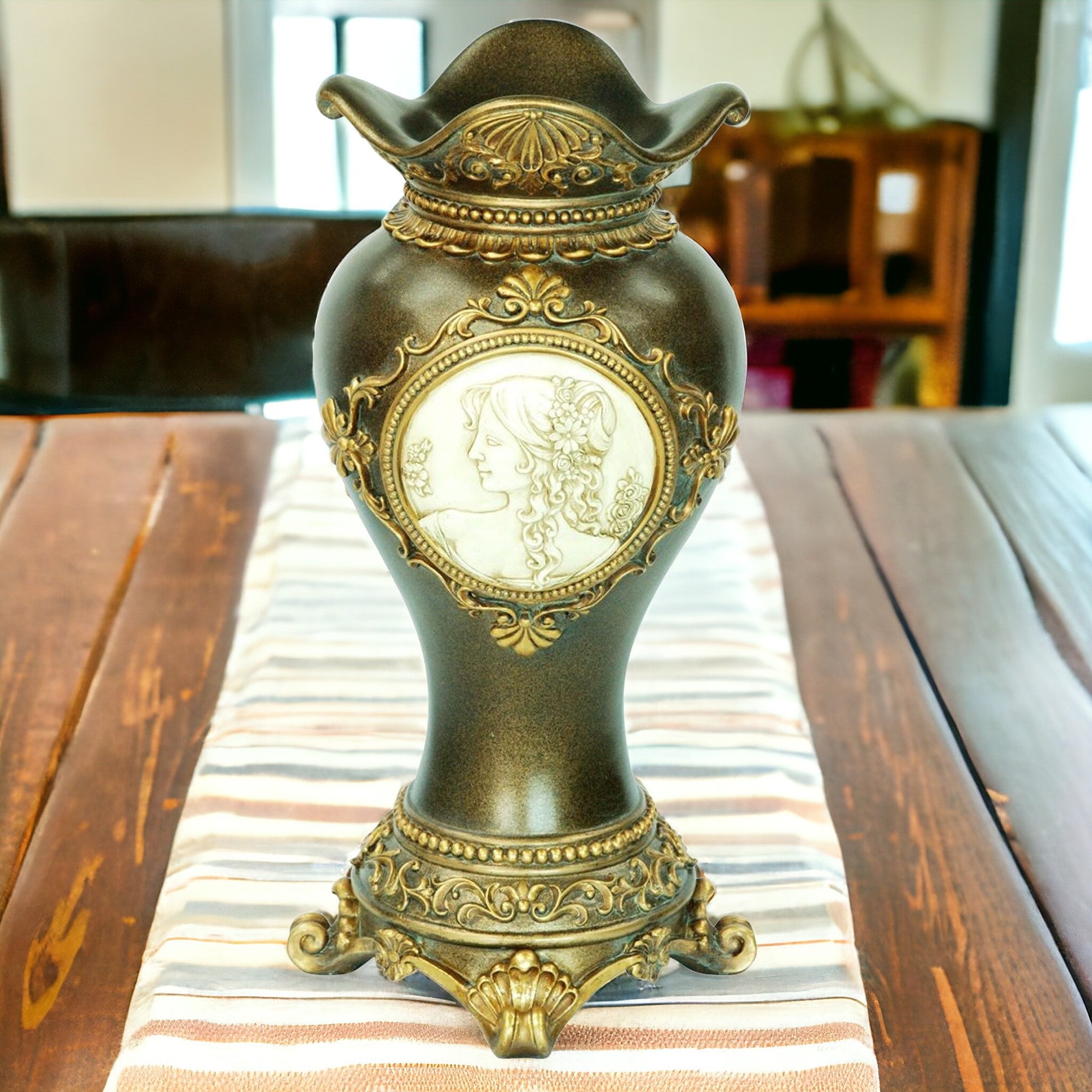 16" Bronze and Gold Floral and Cameo Vase