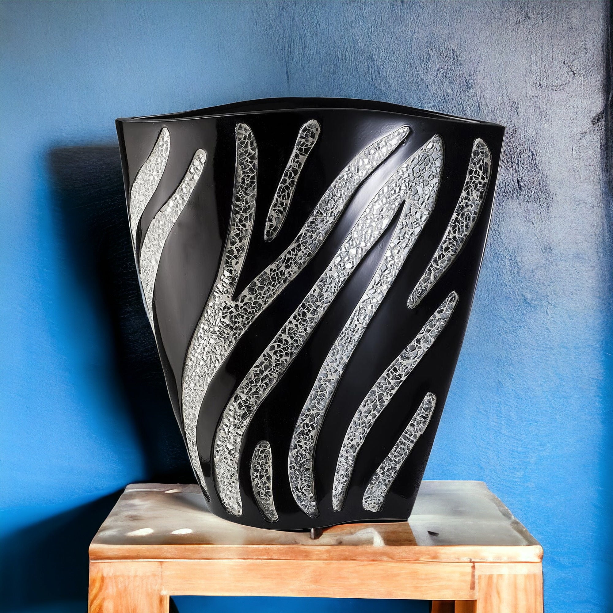14" Black and Silver Striped Polyresin Table Vase