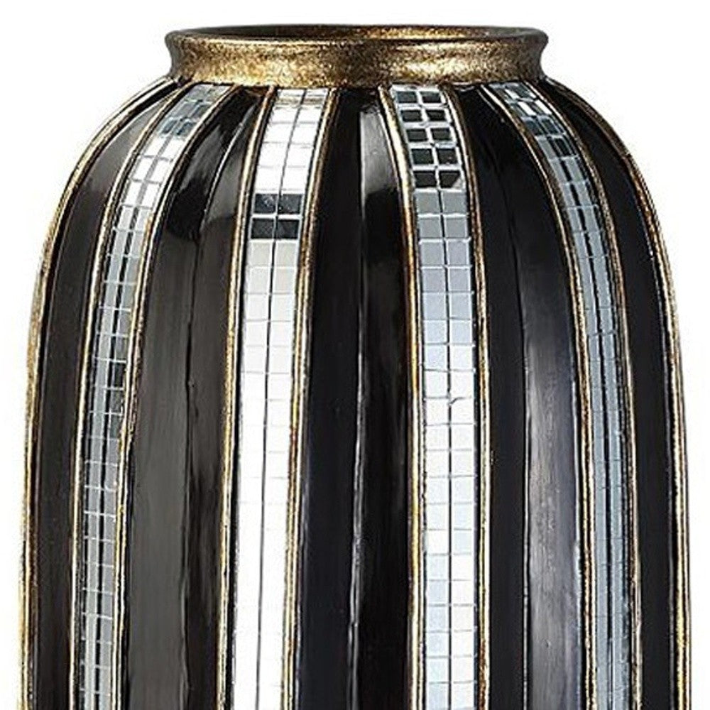 21" Polyresin Black and Silver Striped Round Floor Vase