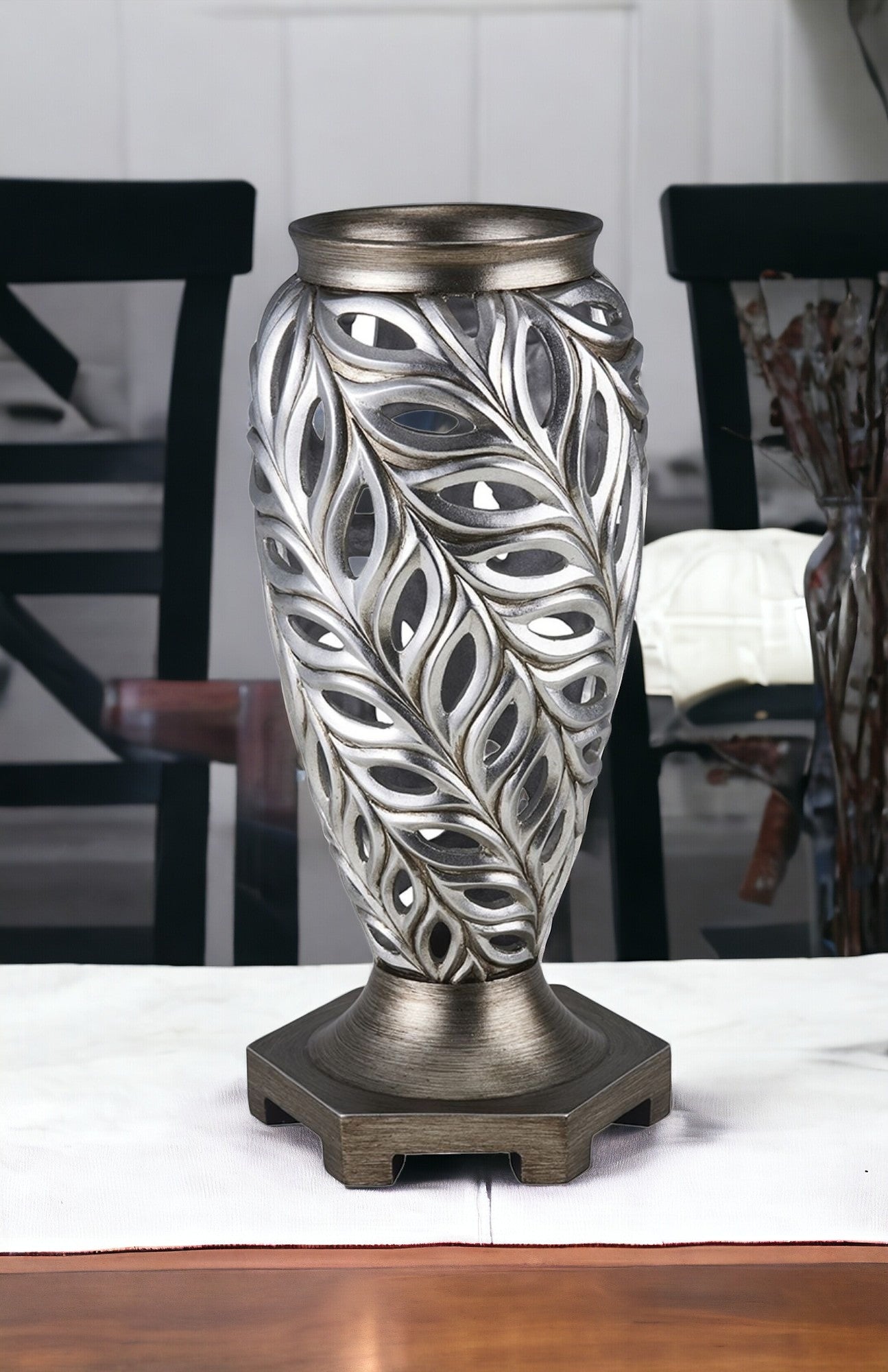 16" Gray and Silver Leaf Polyresin Round Urn Vase