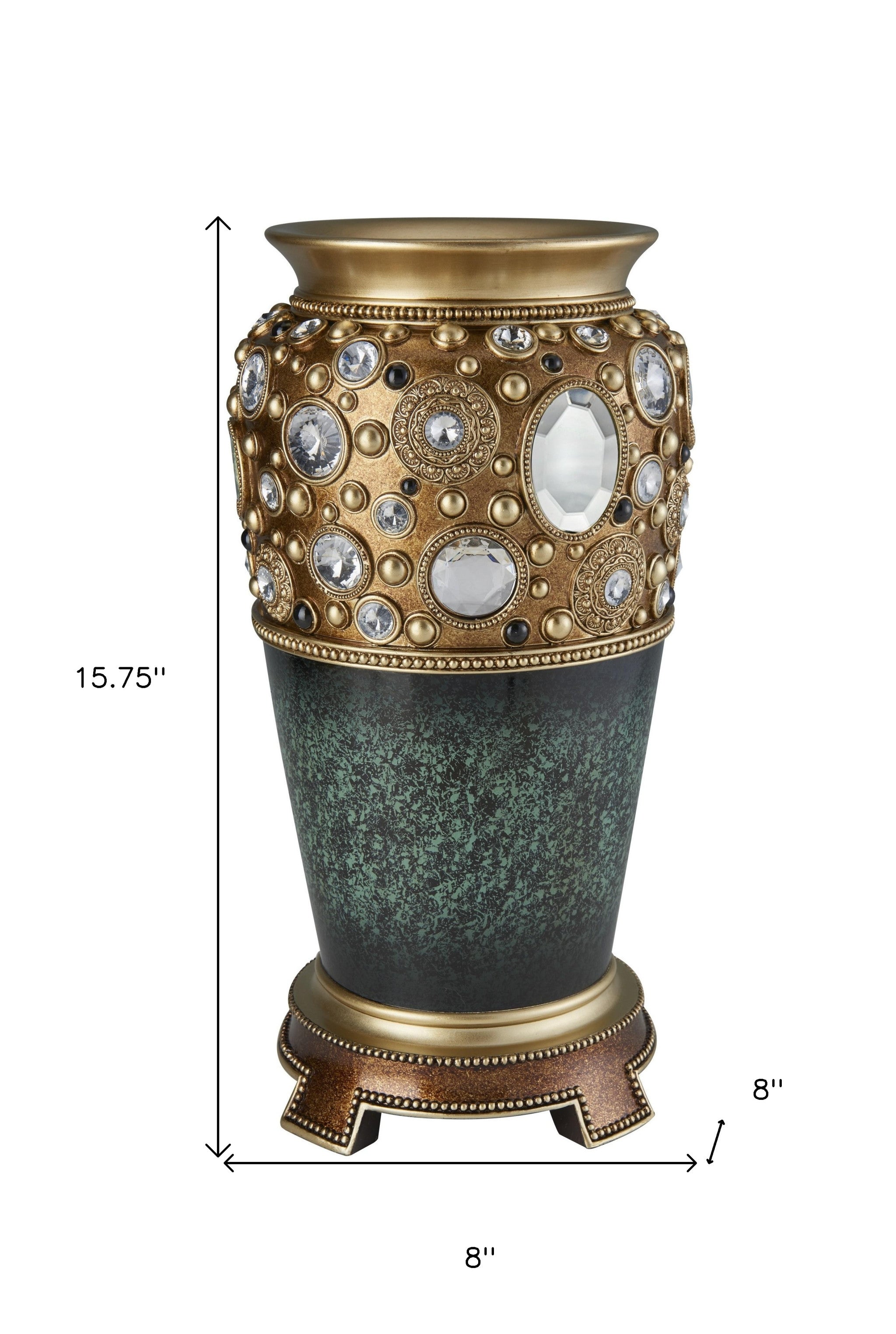 16" Green and Gold Polyresin Bejeweled Urn Vase