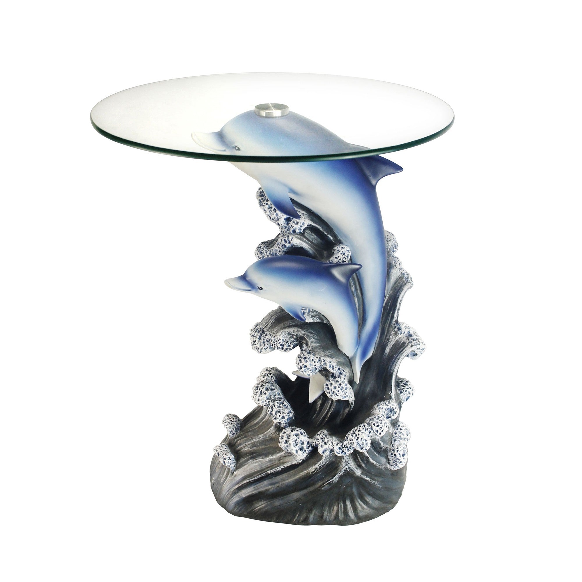 24" Blue And Clear Glass Round End Table