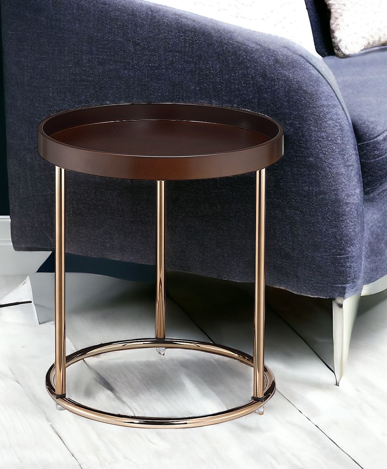 22" Copper And Dark Brown Solid Wood and Metal Round End Table