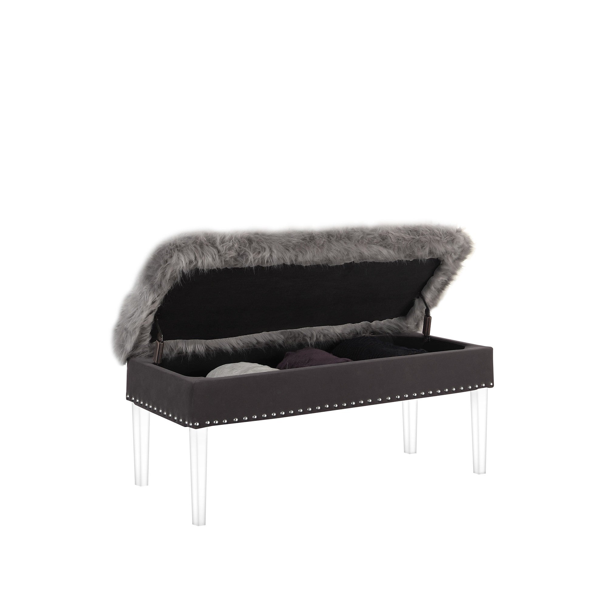 42" Gray and Clear Upholstered Faux Fur Bench with Flip top