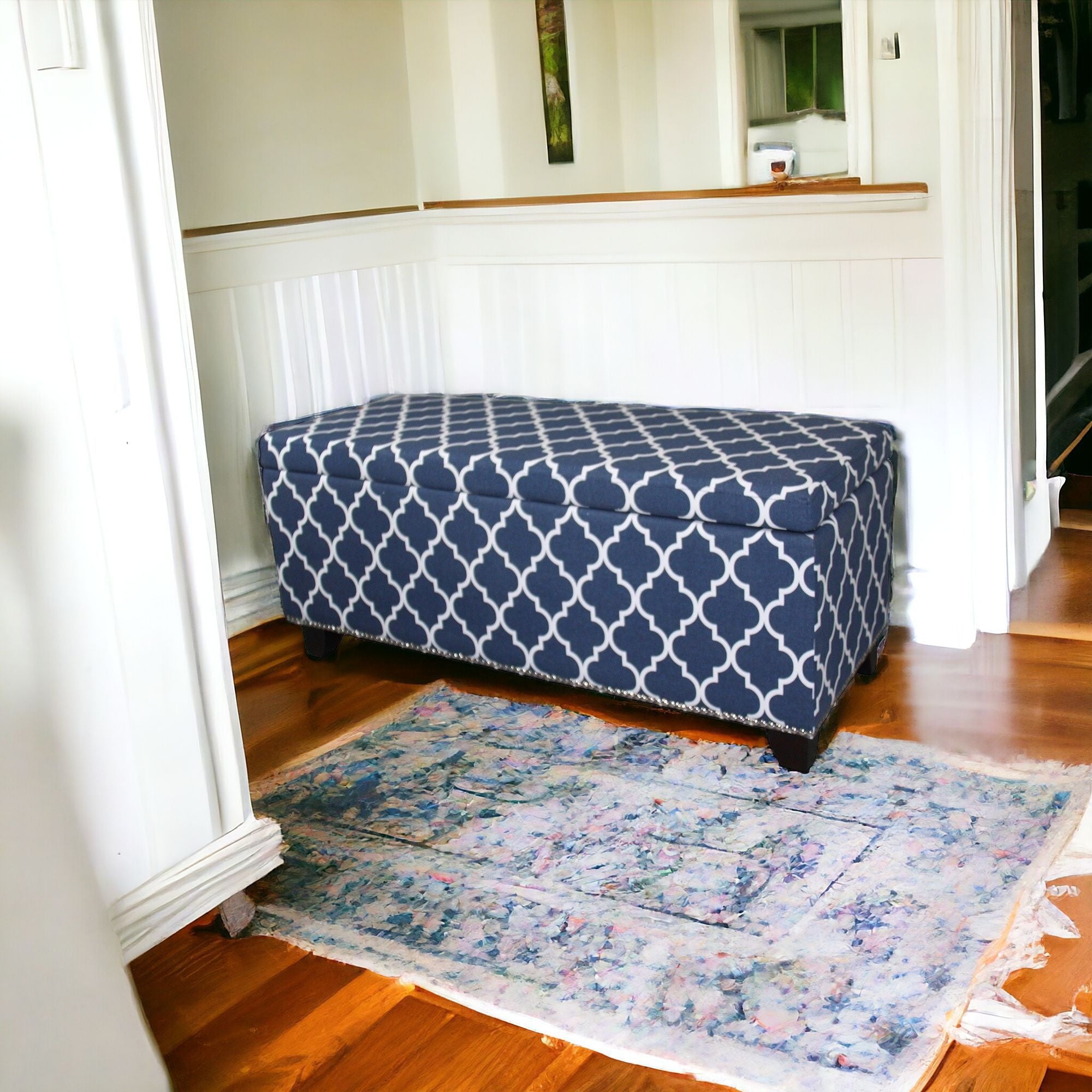 42" Blue and White and Dark Brown Upholstered Polyester Quatrefoil Bench with Flip top