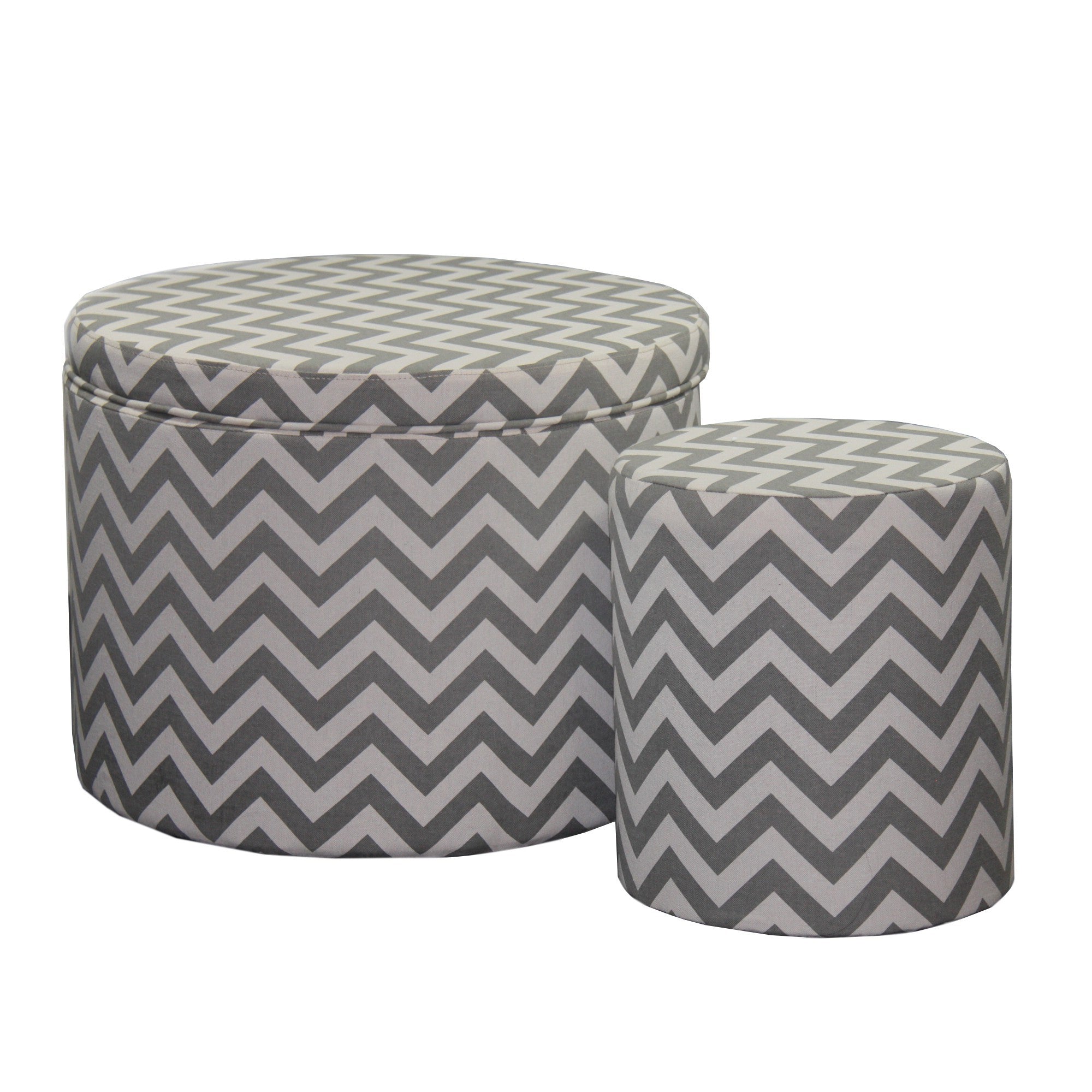 Set of Two Gray and White Polyester Blend Round Geometric Footstool Ottoman