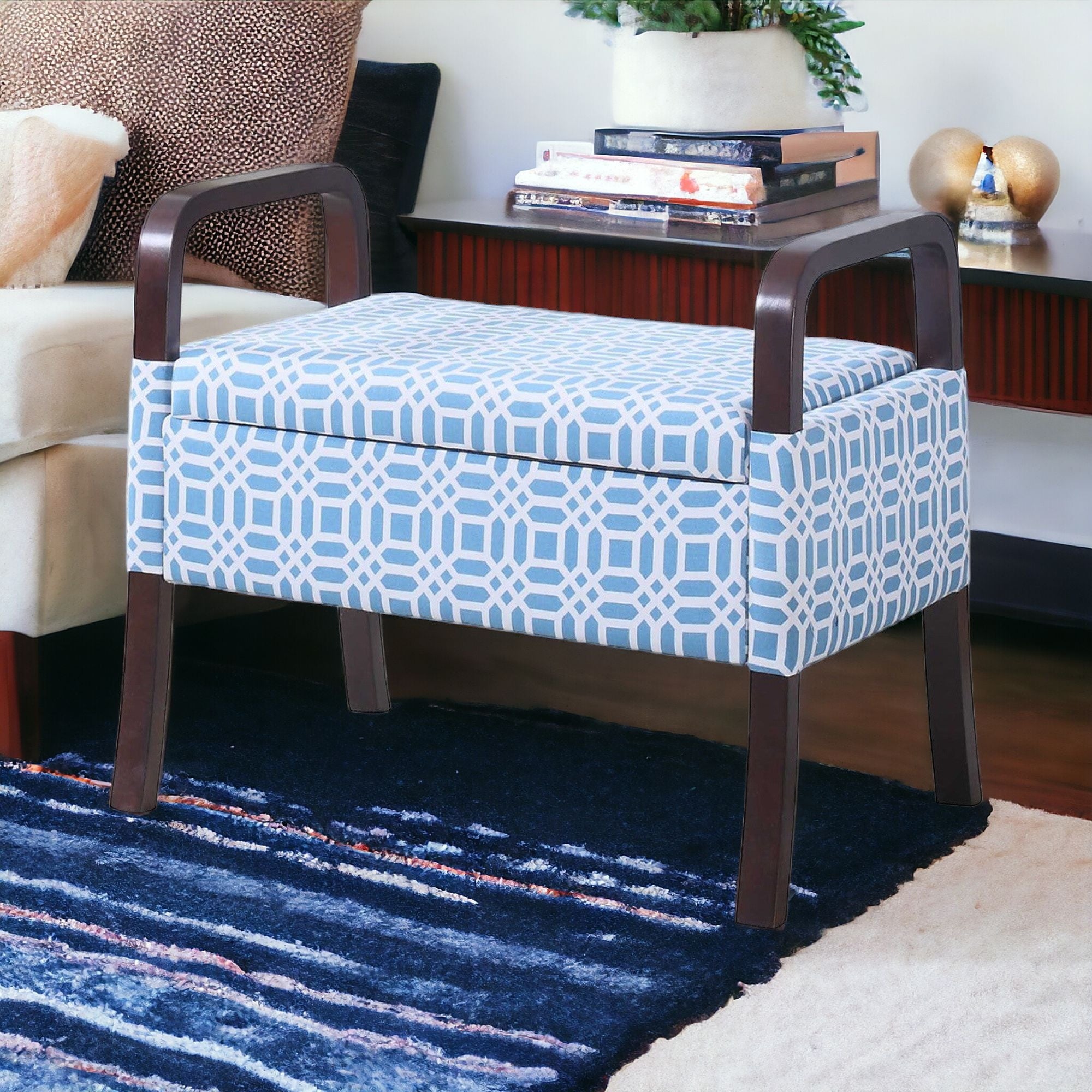 20" Blue And White Polyester And Dark Brown Ottoman