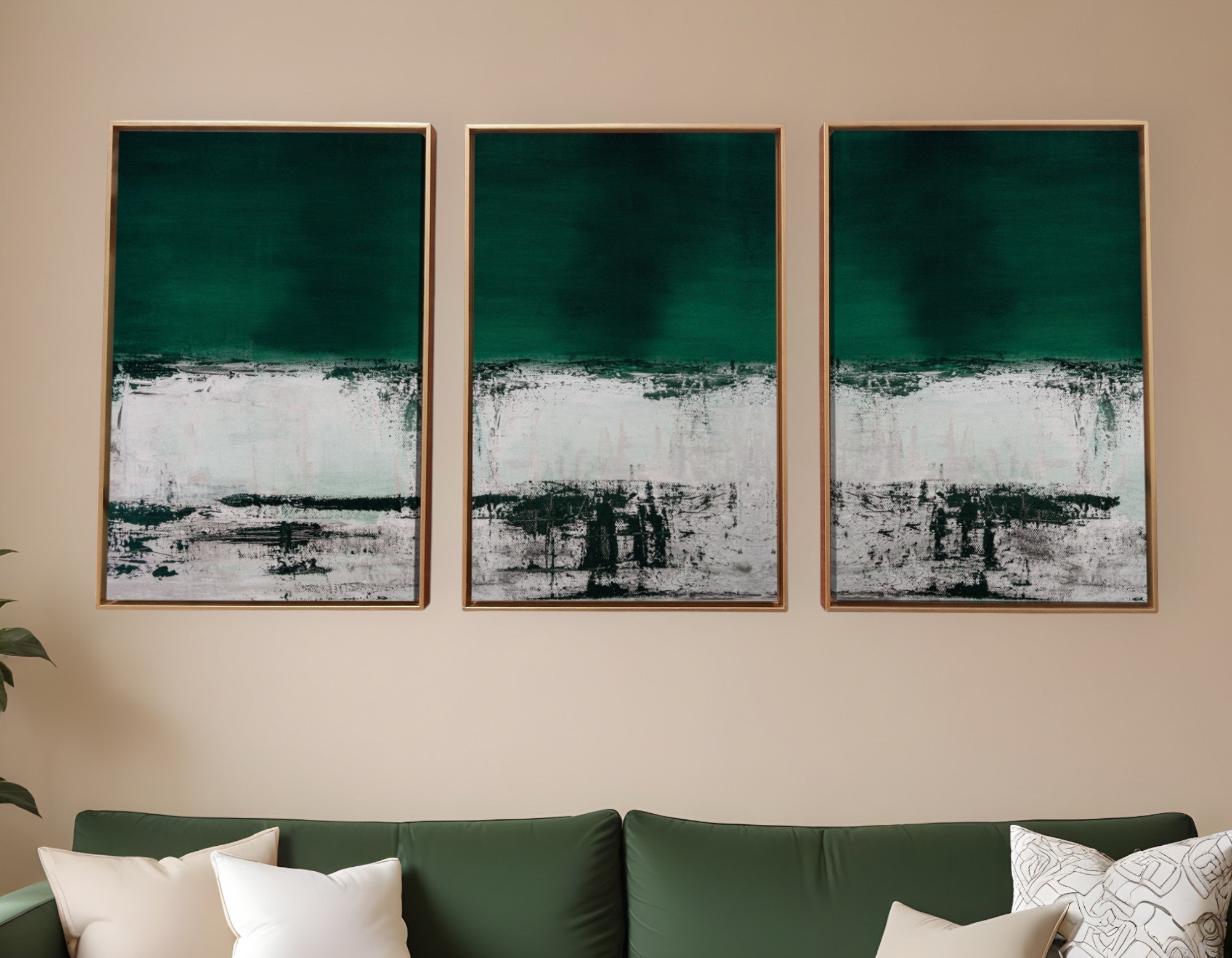 Set Of Three Three Piece Deep Green Black and White Abstract Canvas Wall Art Gold Floater Frame Print Wall Art