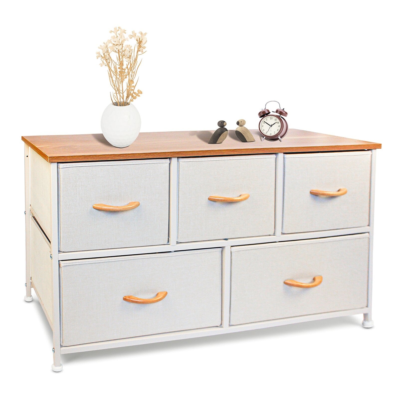 39" White and Natural White Fabric Chest With Two Shelves And Five Drawers