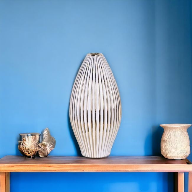 14" White and Gold Ceramic Striped Bud Vase