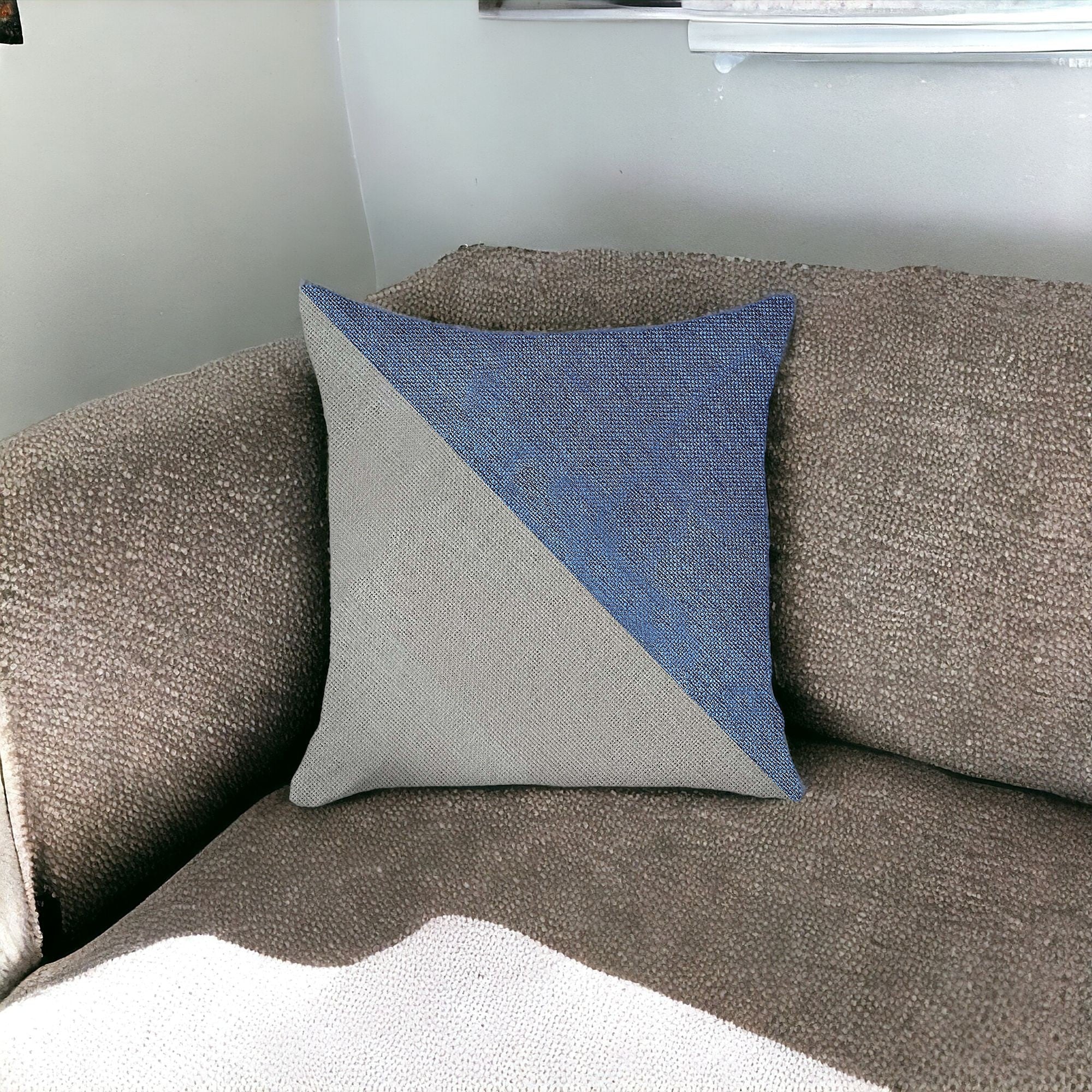 18" X 18" Blue And Grey Geometric Zippered Handmade Polyester Throw Pillow Cover