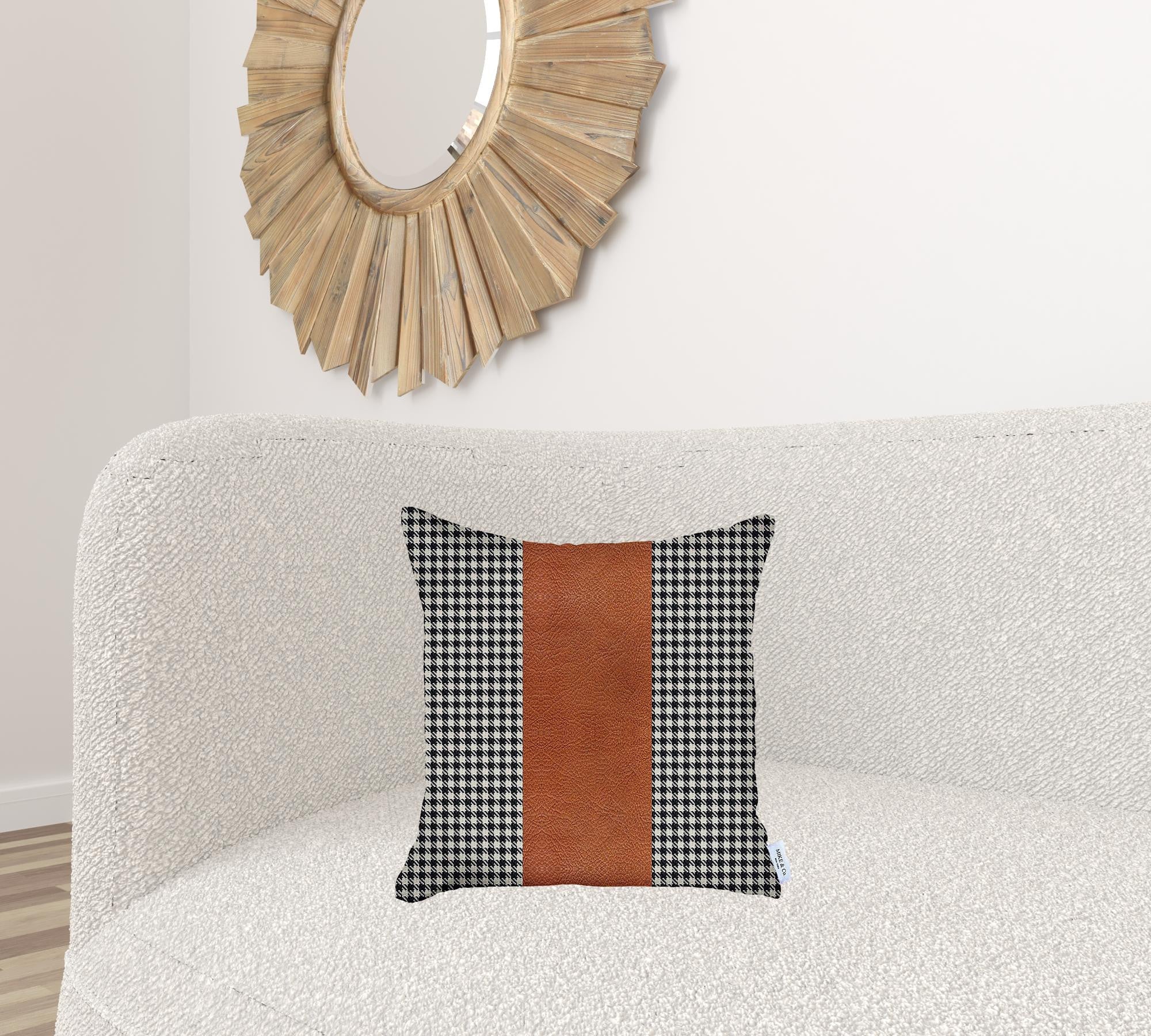 18" X 18" Black And Brown Houndstooth Zippered Handmade Polyester Throw Pillow Cover