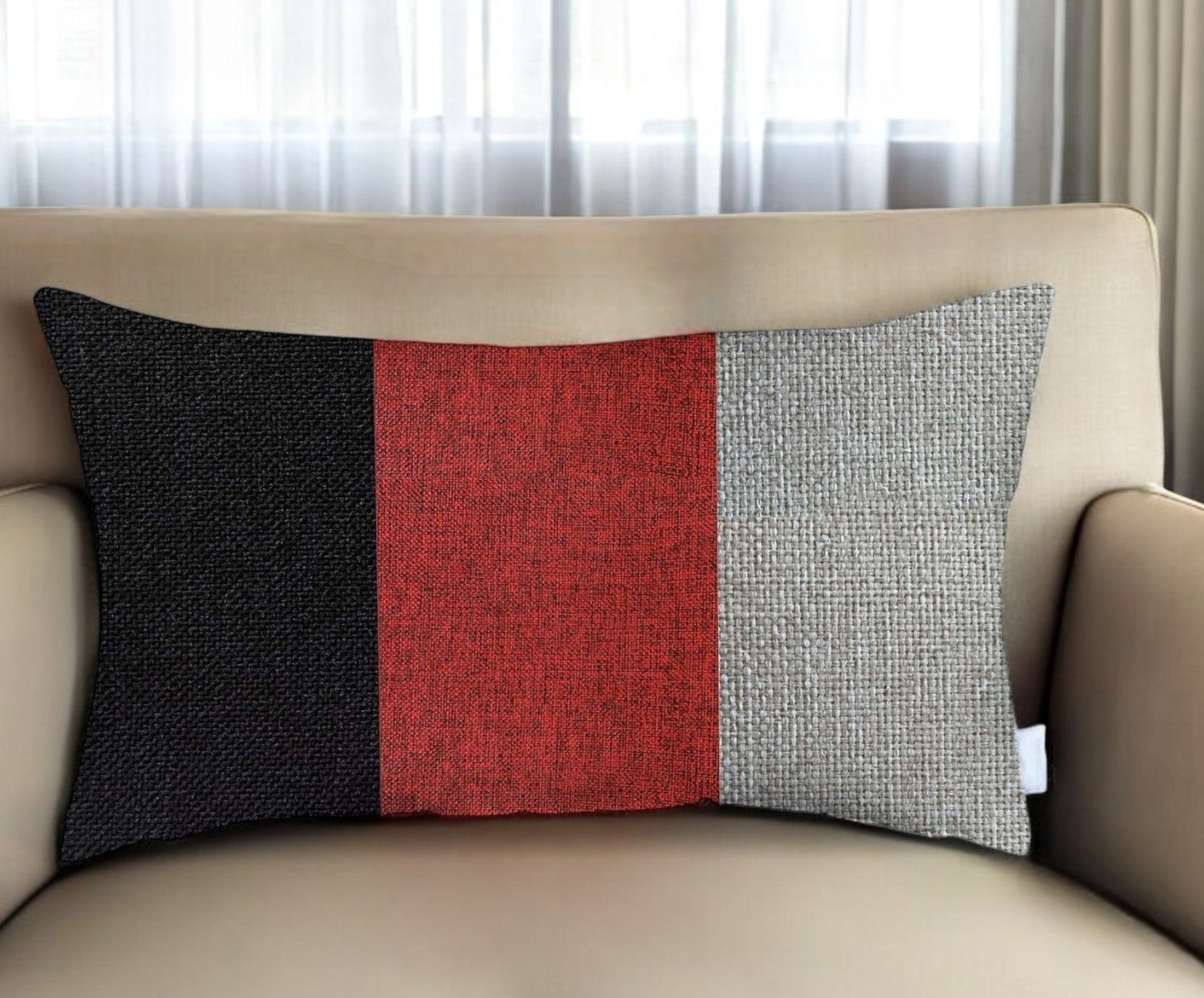 12" X 20" Black And Red Geometric Zippered Handmade Polyester Lumbar Pillow Cover