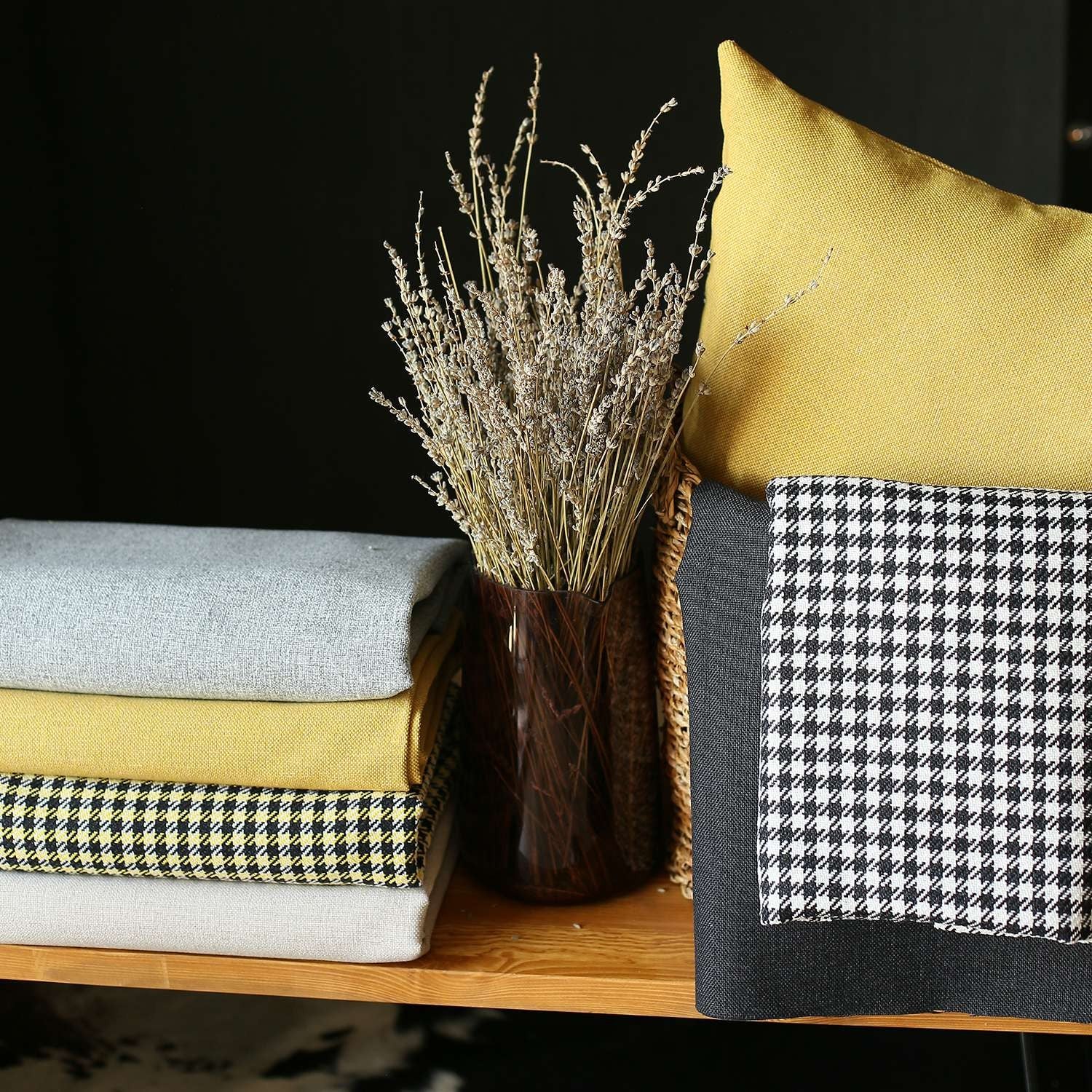 12" X 20" Black And Yellow Houndstooth Zippered Handmade Polyester Lumbar Pillow Cover