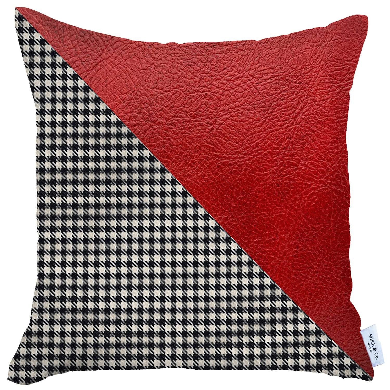 18" X 18" Black And Red Houndstooth Zippered Handmade Polyester Throw Pillow Cover