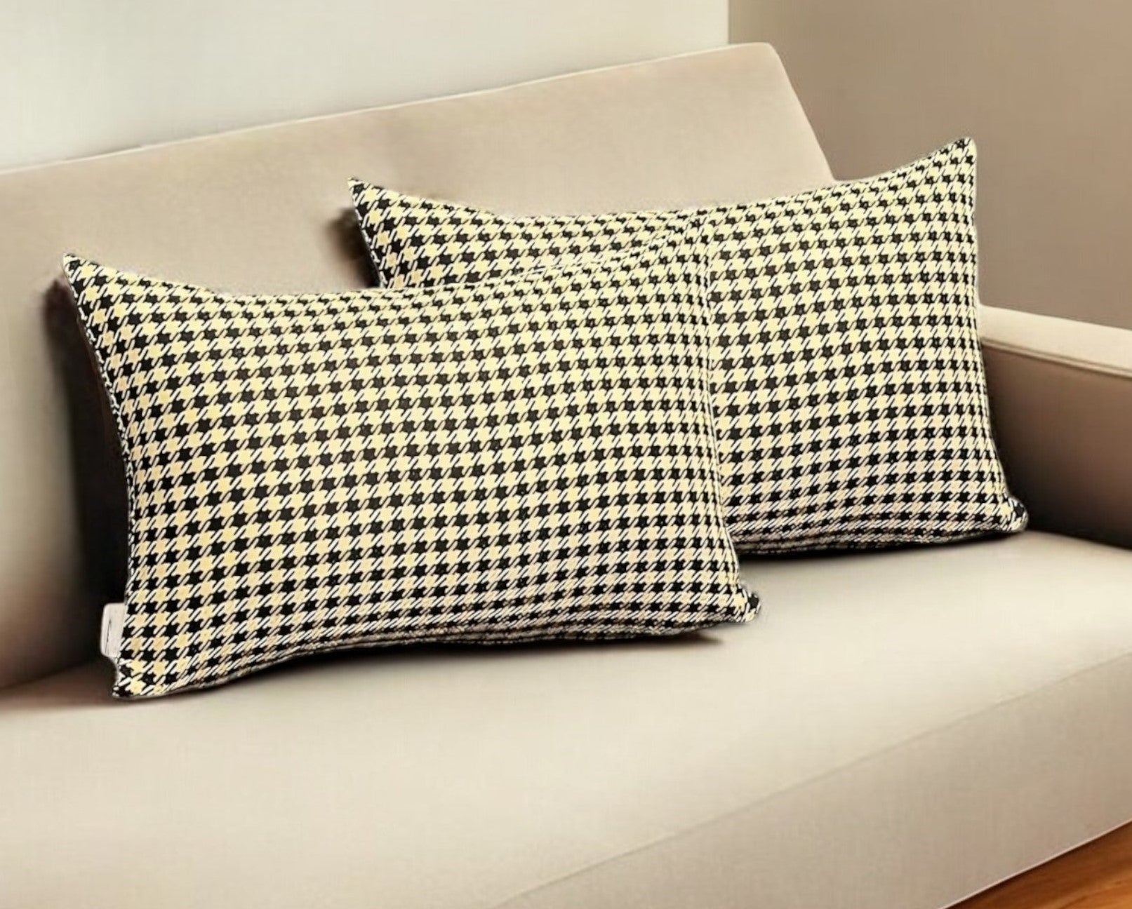 Set of Two 12" X 20" Yellow and Black Houndstooth Fabric Lumbar Throw Pillows