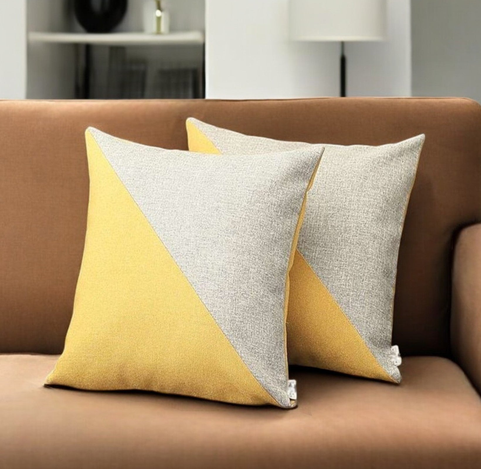 Set of Two 18" Yellow and Gray Color Block Fabric Throw Pillows