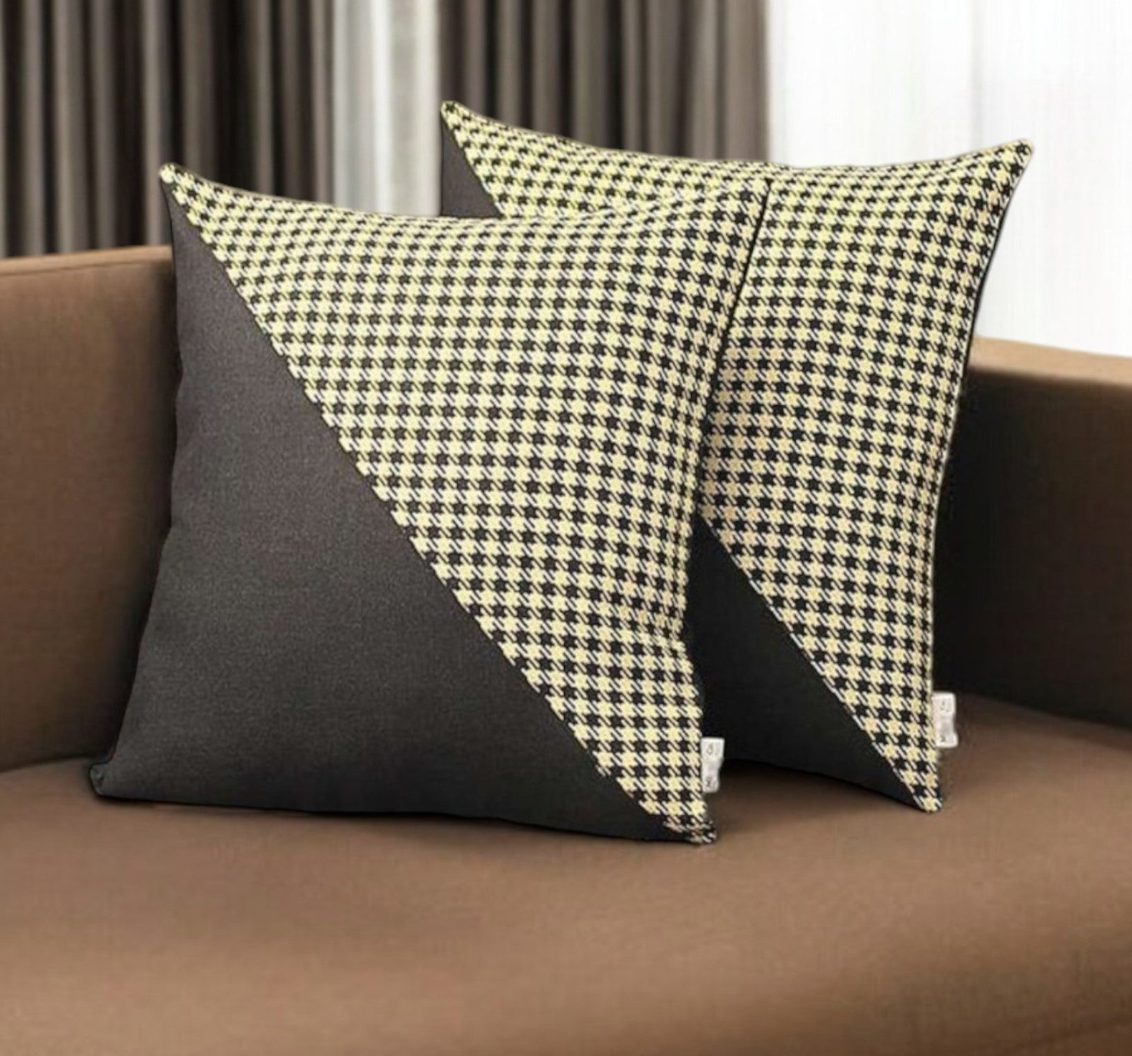 Set of Two 18" Black and Yellow Houndstooth Fabric Throw Pillows