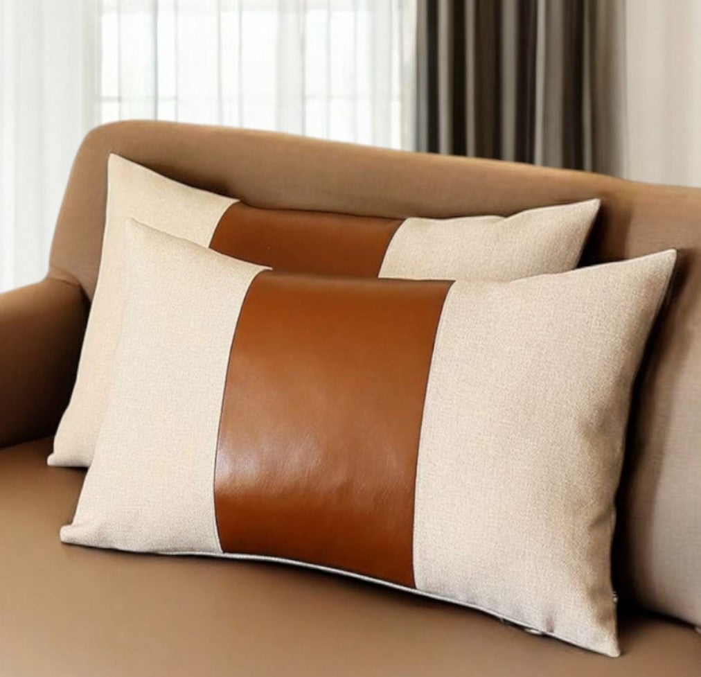 Set of Two 12" X 20" Ivory and Brown Color Block Fabric and Faux Leather Lumbar Throw Pillows