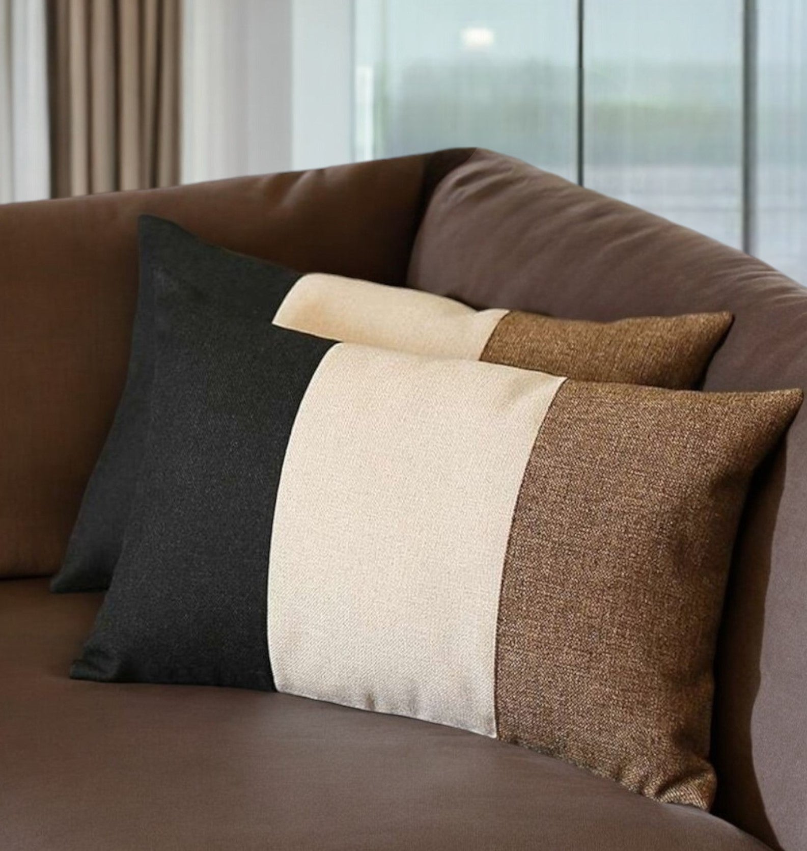 Set of Two 12" X 20" Black Ivory and Brown Color Block Fabric Lumbar Throw Pillows