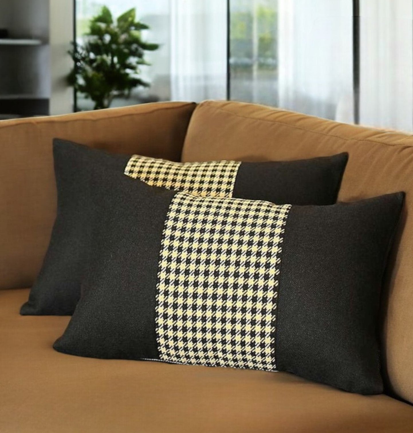 Set of Two 12" X 20" Black and Yellow Houndstooth Fabric Lumbar Throw Pillows