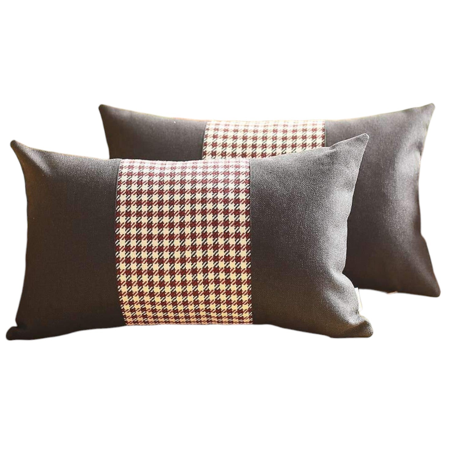 Set Of Two 20" X 12" Black And Red Polyester Houndstooth Zippered Pillow