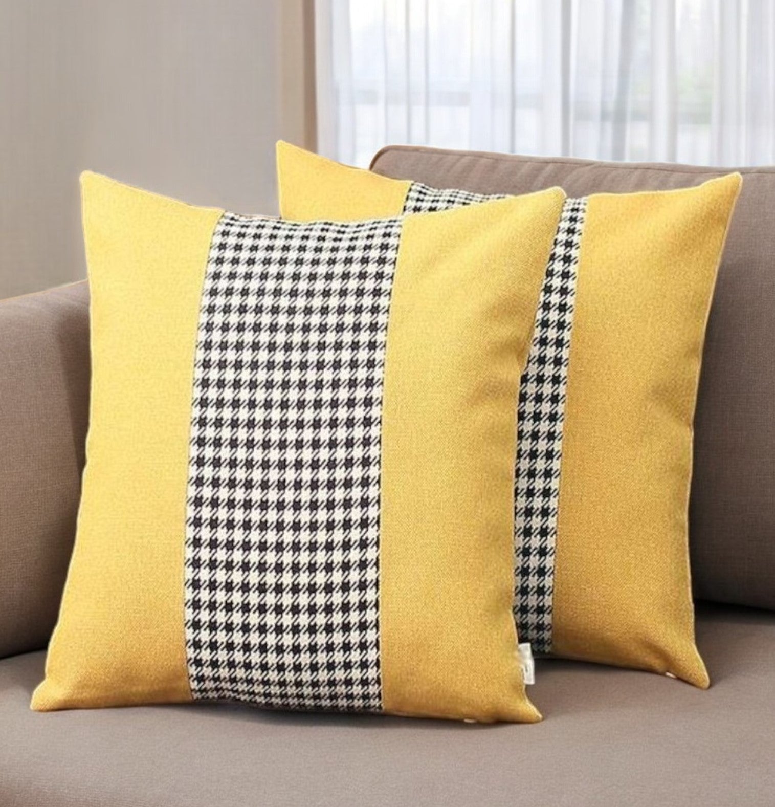 Set of Two 18" Yellow Black and White Houndstooth Fabric Throw Pillows