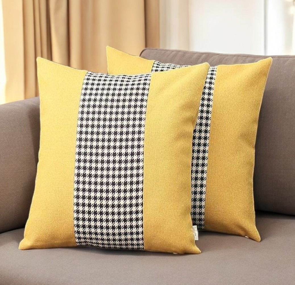 Set Of Two 18" X 18" Yellow And White Polyester Houndstooth Zippered Pillow