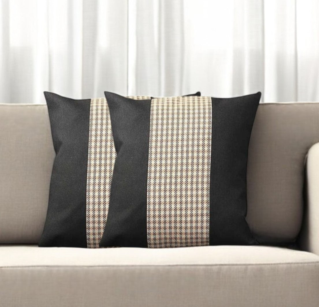 Set of Two 18" Black Brown and White Houndstooth Fabric Throw Pillows