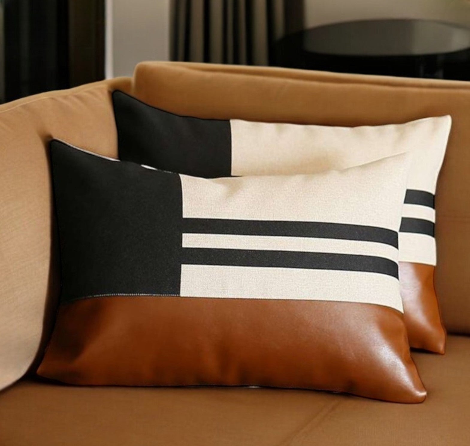 Set of Two 12" X 20" Brown Black and Ivory Striped Fabric and Faux Leather Lumbar Throw Pillows