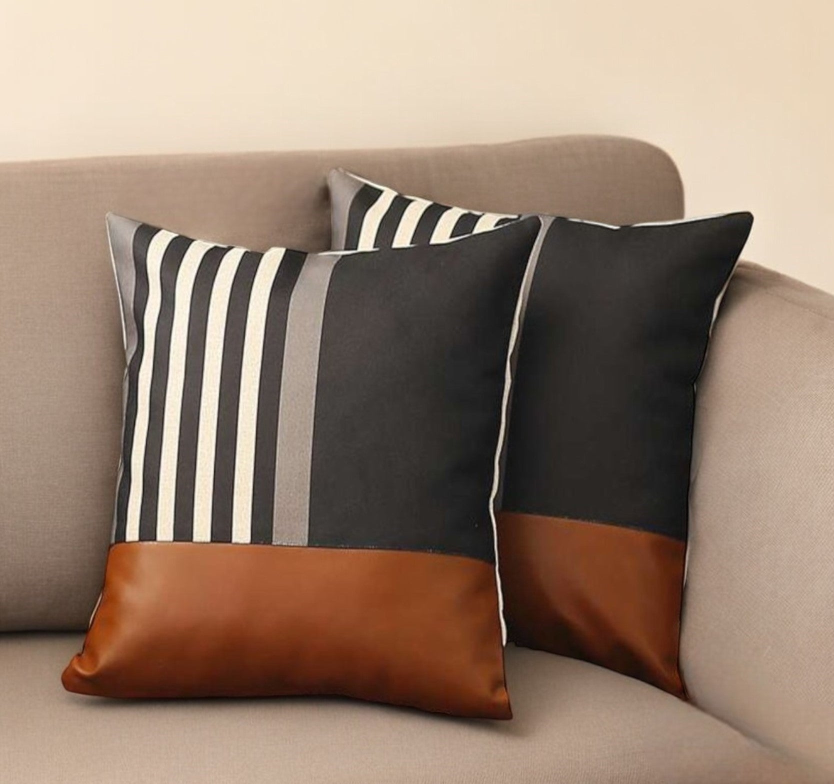 Set of Two 18" Brown Black and Ivory Striped Fabric and Faux Leather Throw Pillows