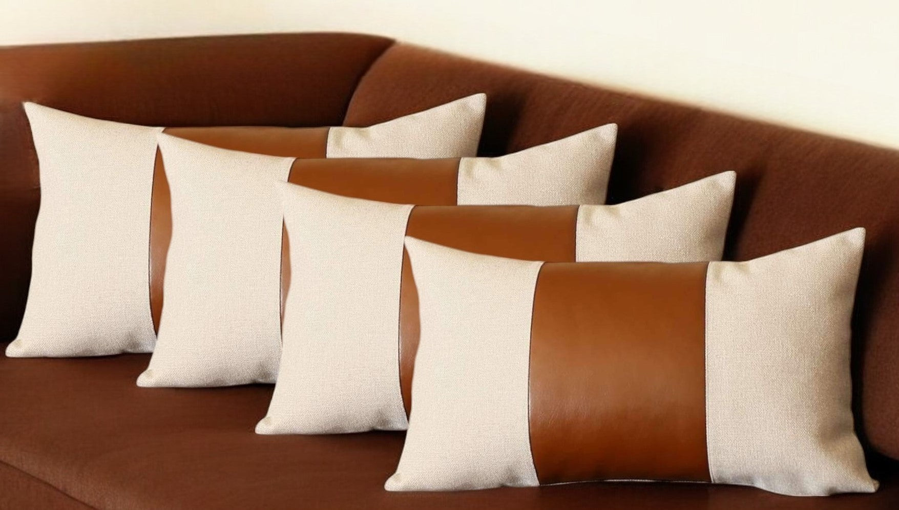 Set of Four 12" X 20" Ivory and Brown Color Block Fabric and Faux Leather Lumbar Throw Pillows