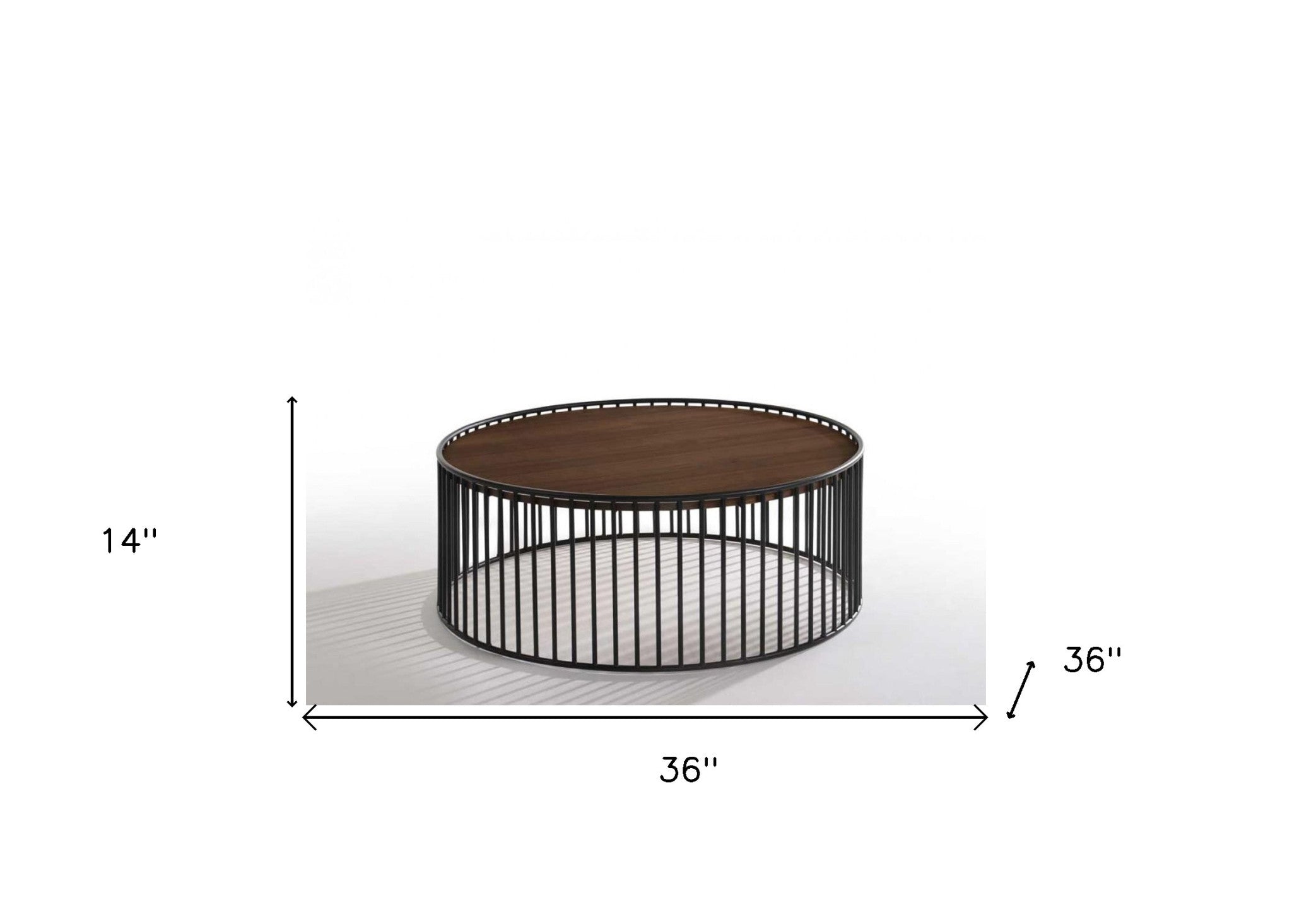 Modern Walnut and Black Metal Rods Round Coffee Table