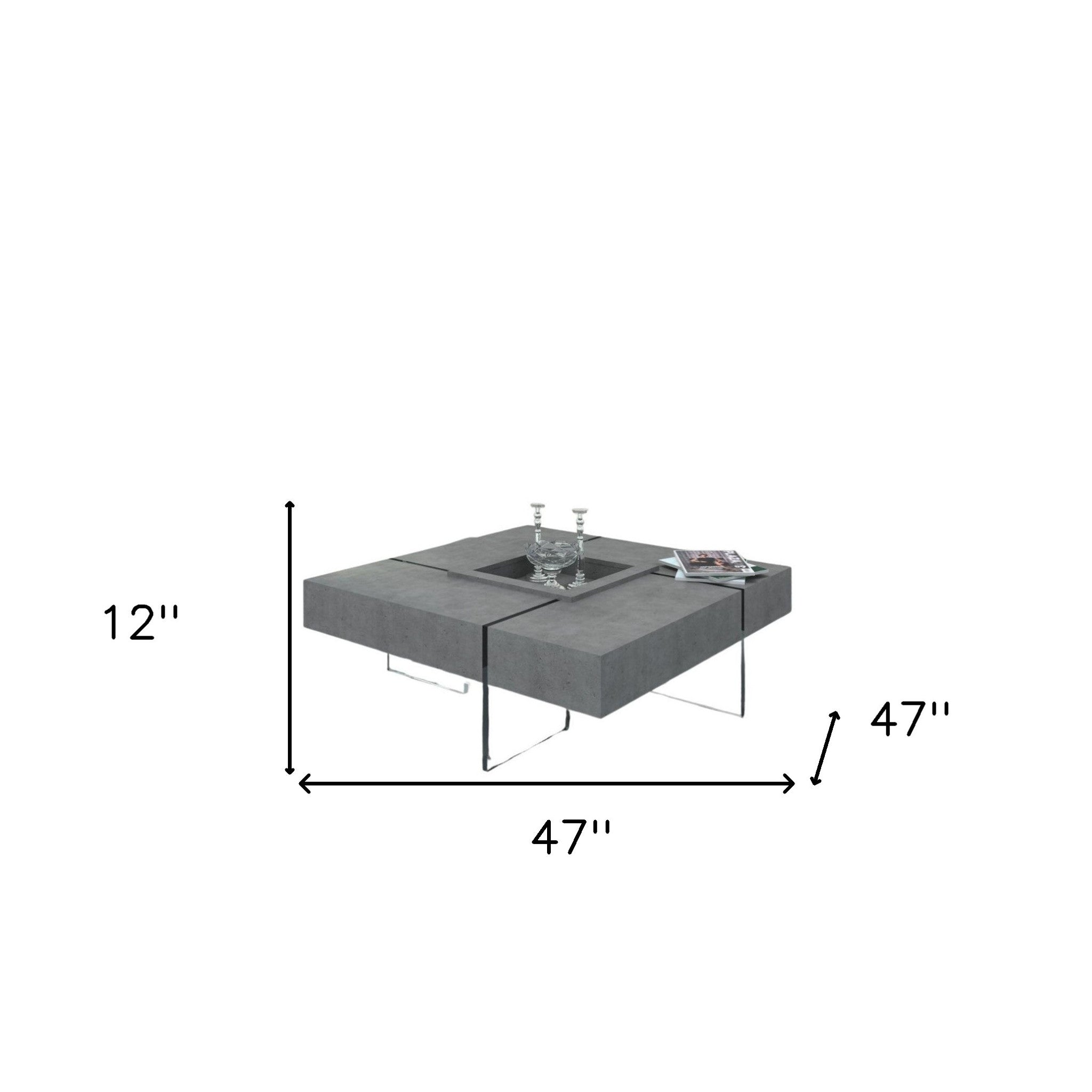 47" Gray And Clear Concrete And Glass Square Coffee Table