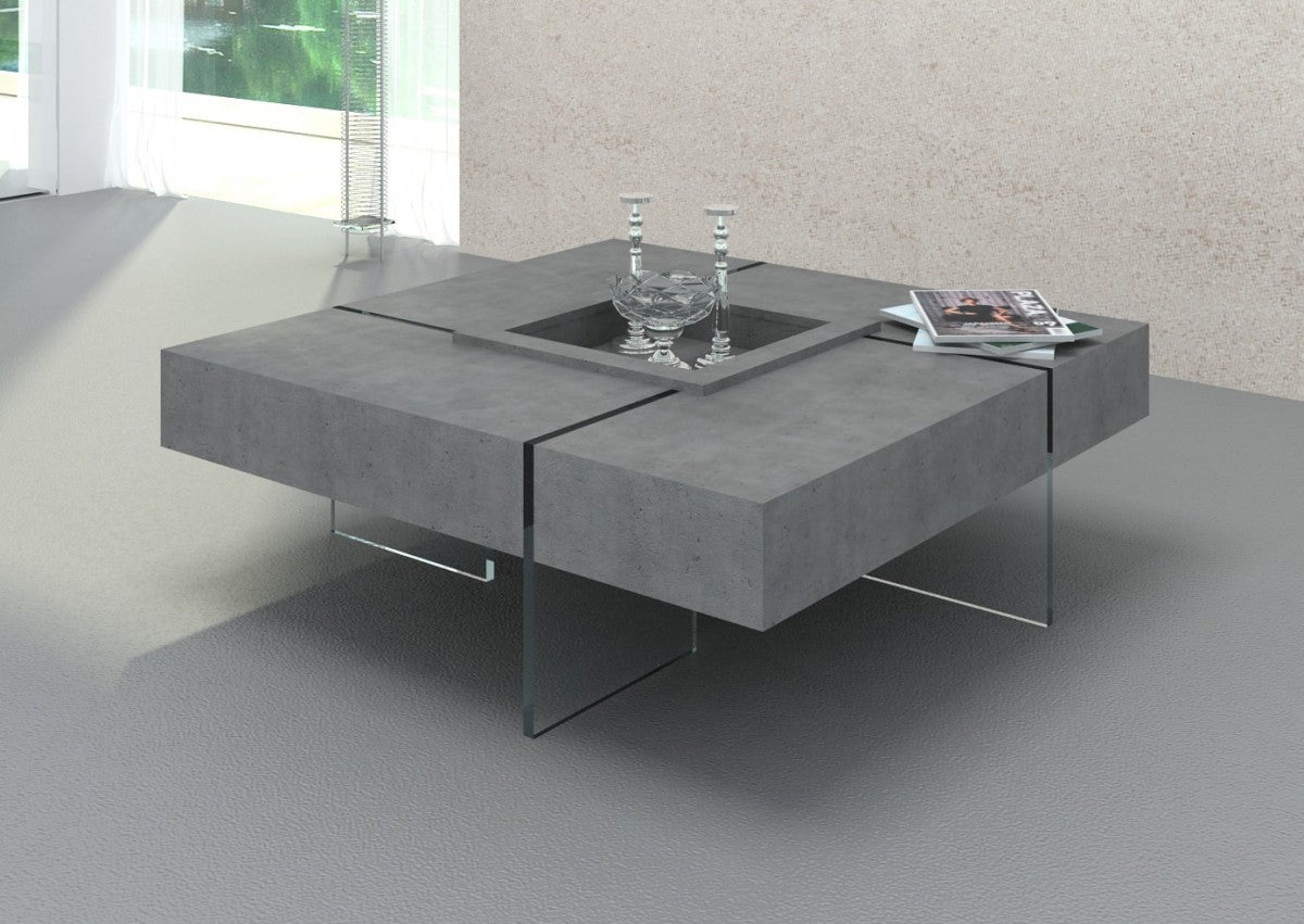 47" Gray And Clear Concrete And Glass Square Coffee Table