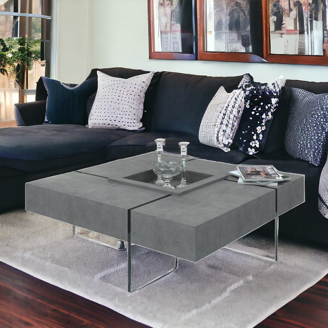 47" Gray And Clear Concrete And Glass Square Coffee Table