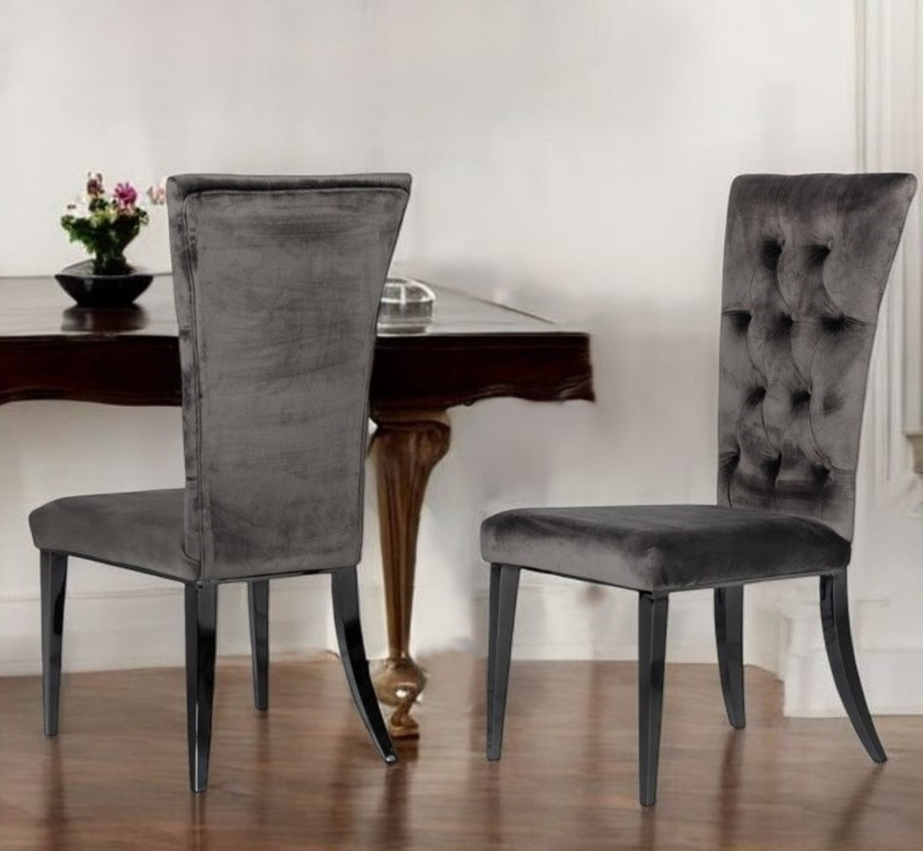 Set of Two Gray Velvet Modern Dining Chairs