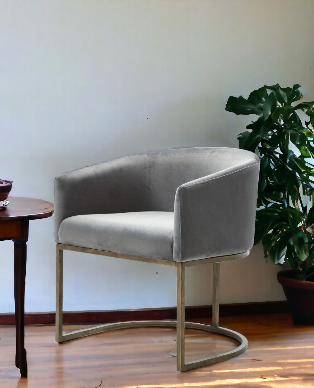 Gray And Brass Upholstered Velvet Dining Arm Chair