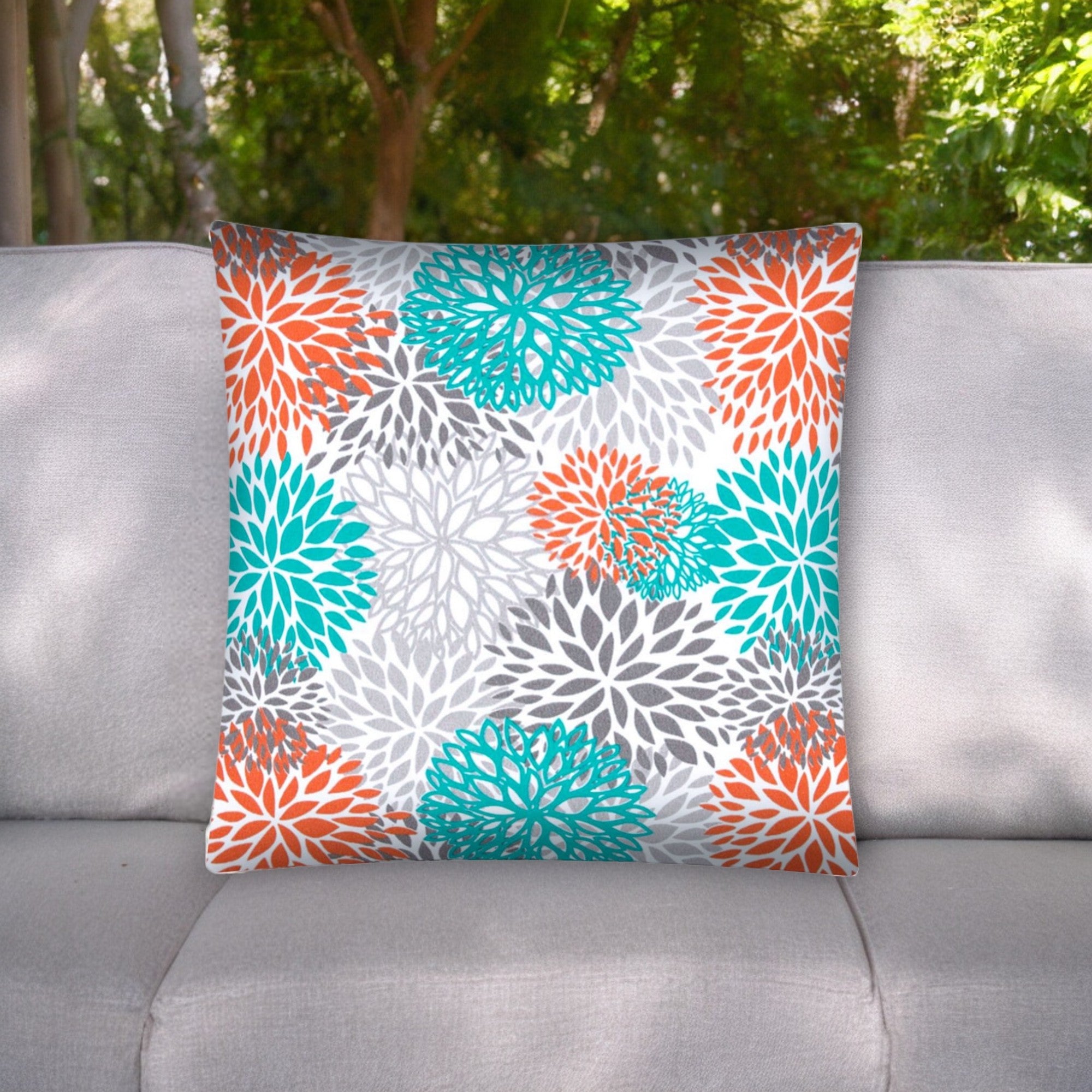 17" White Gray and Teal Floral Indoor Outdoor Throw Pillow Cover