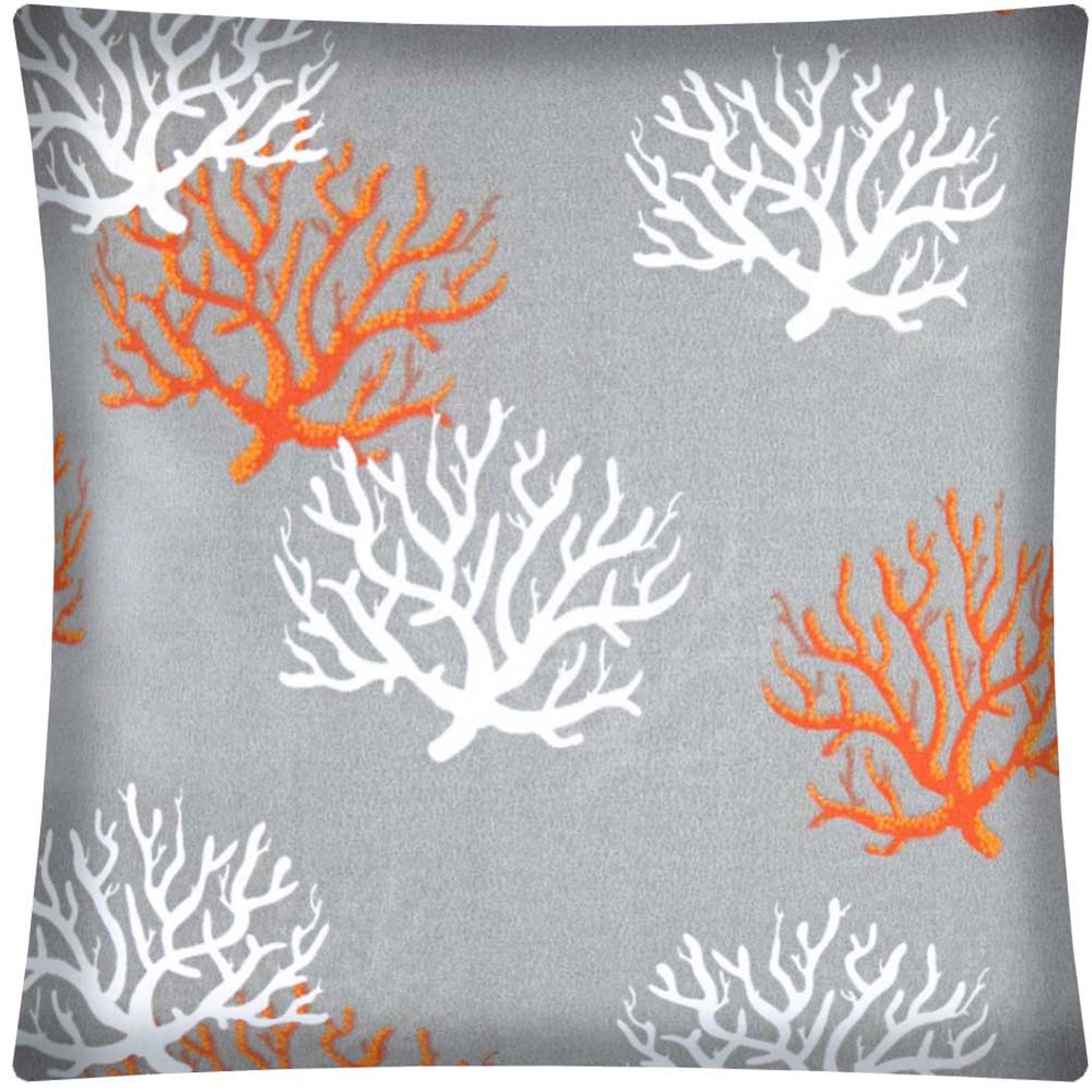 17" Gray Orange and White Coral Indoor Outdoor Throw Pillow Cover