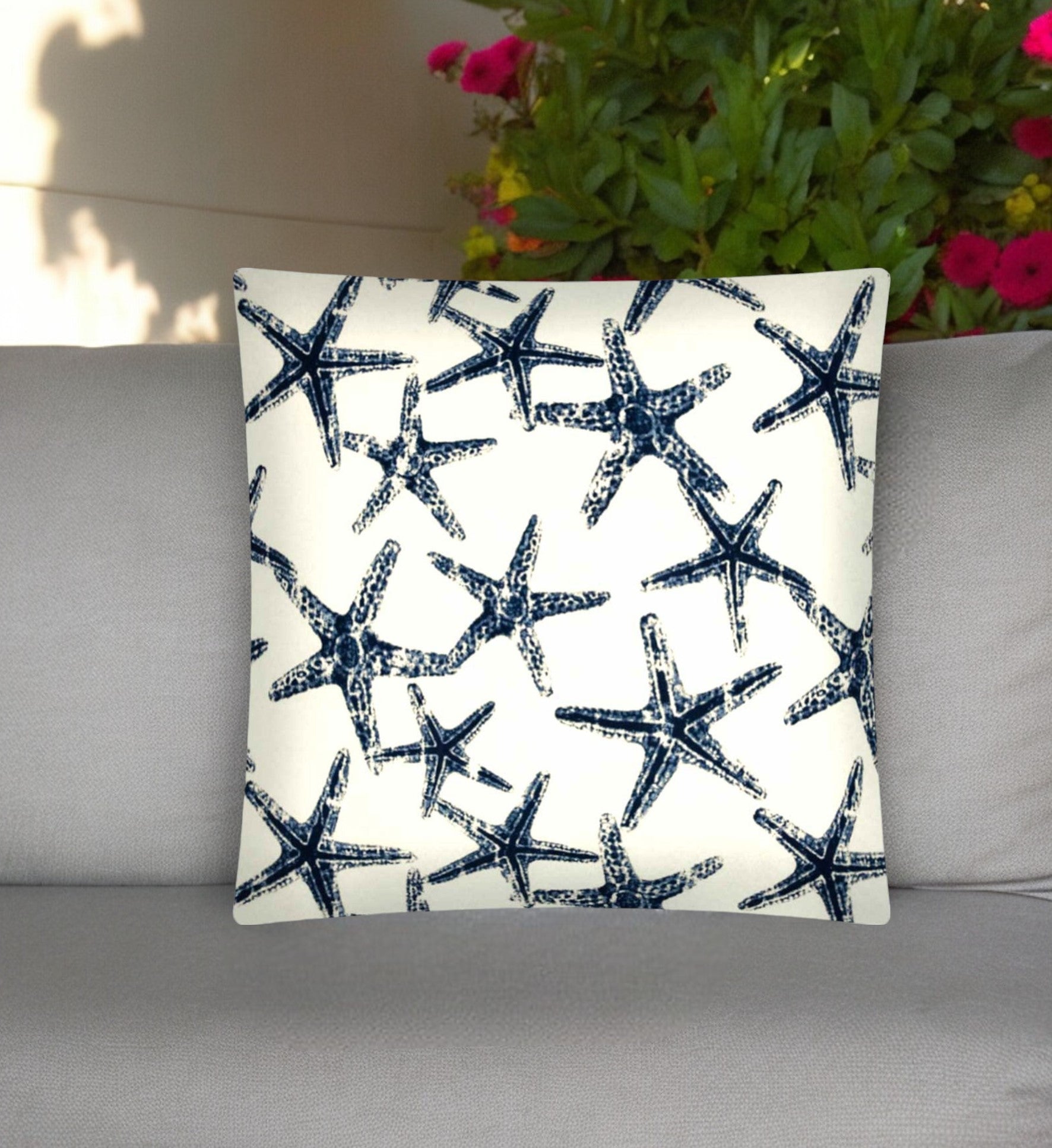 17" Navy and White Starfish Coastal Indoor Outdoor Throw Pillow Cover