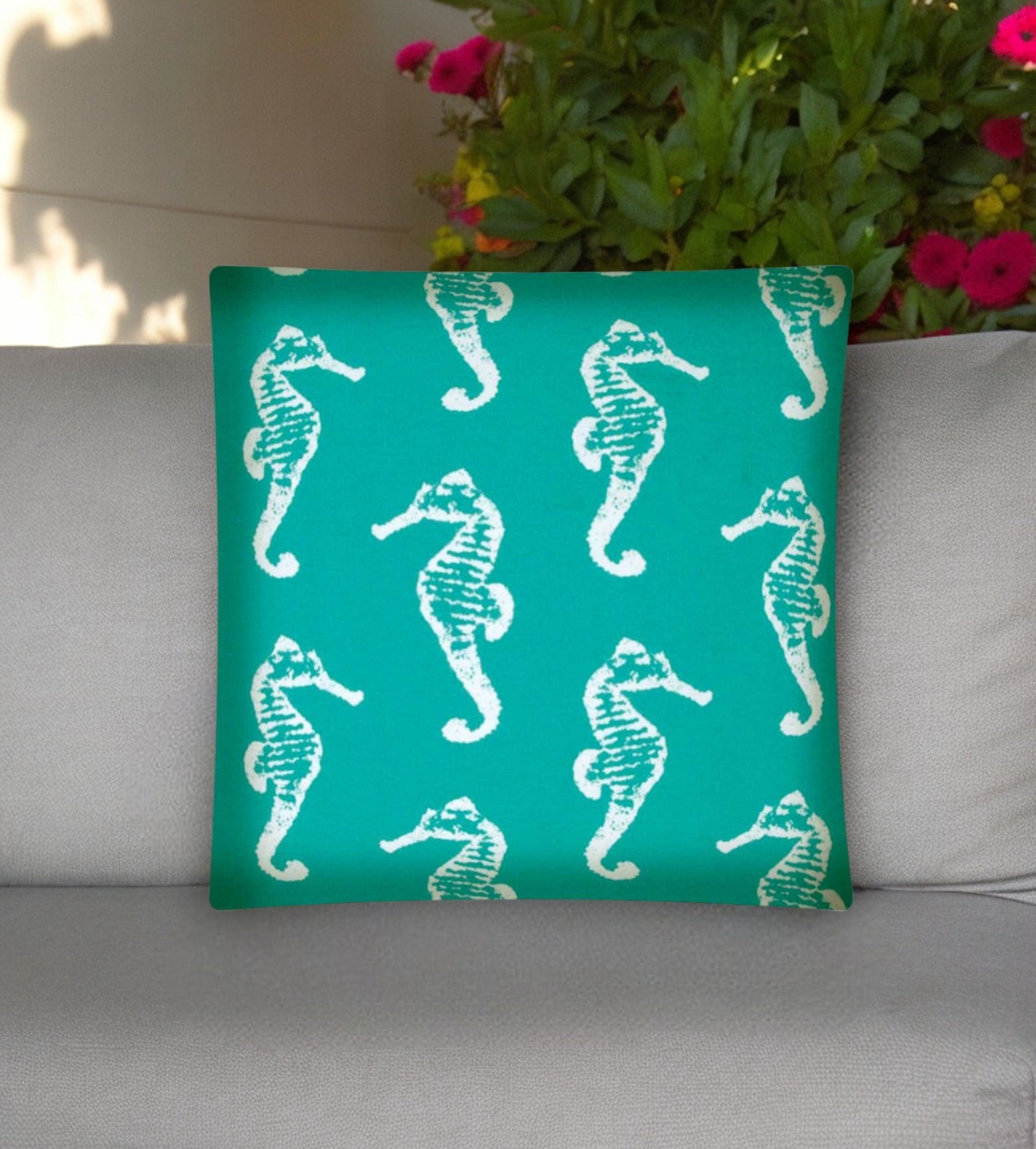 17" Turquoise and White Seahorse Coastal Indoor Outdoor Throw Pillow Cover