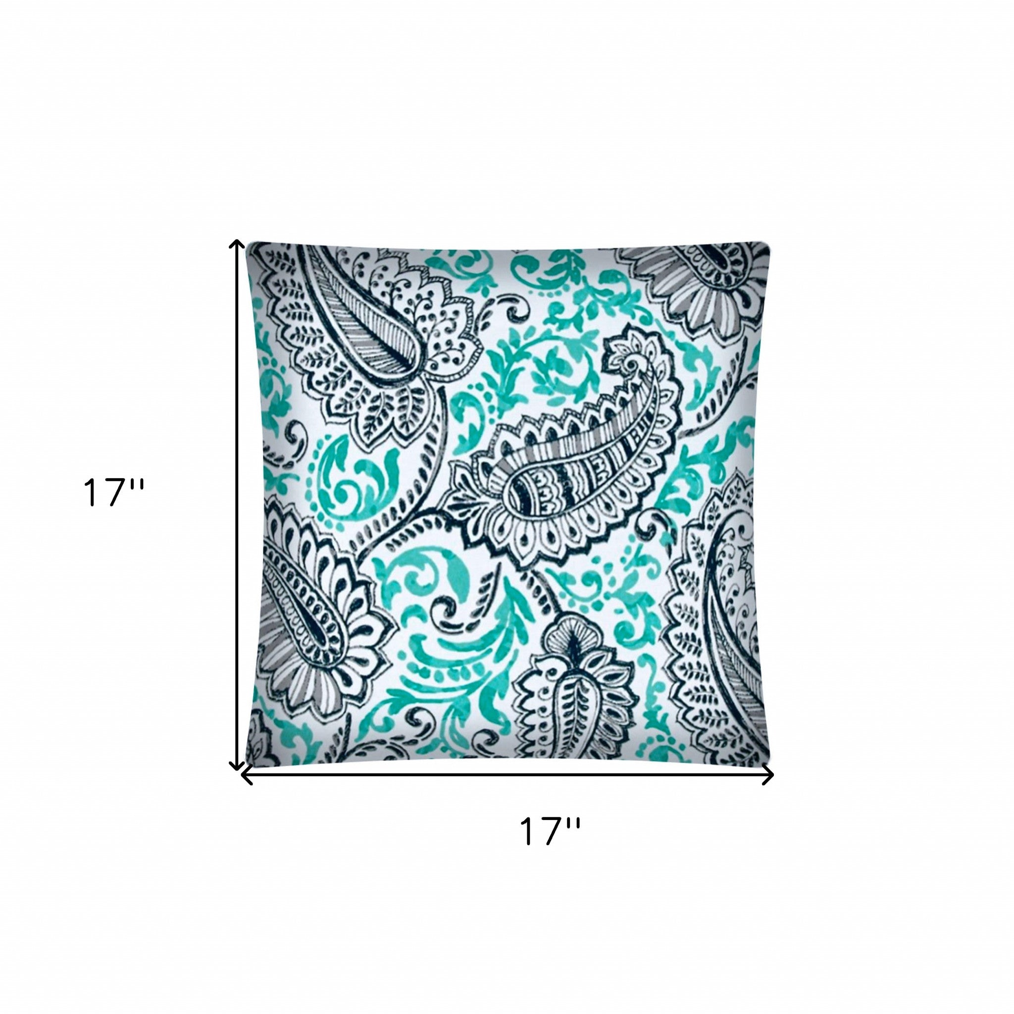 17" Turquoise Navy and White Paisley Indoor Outdoor Throw Pillow Cover