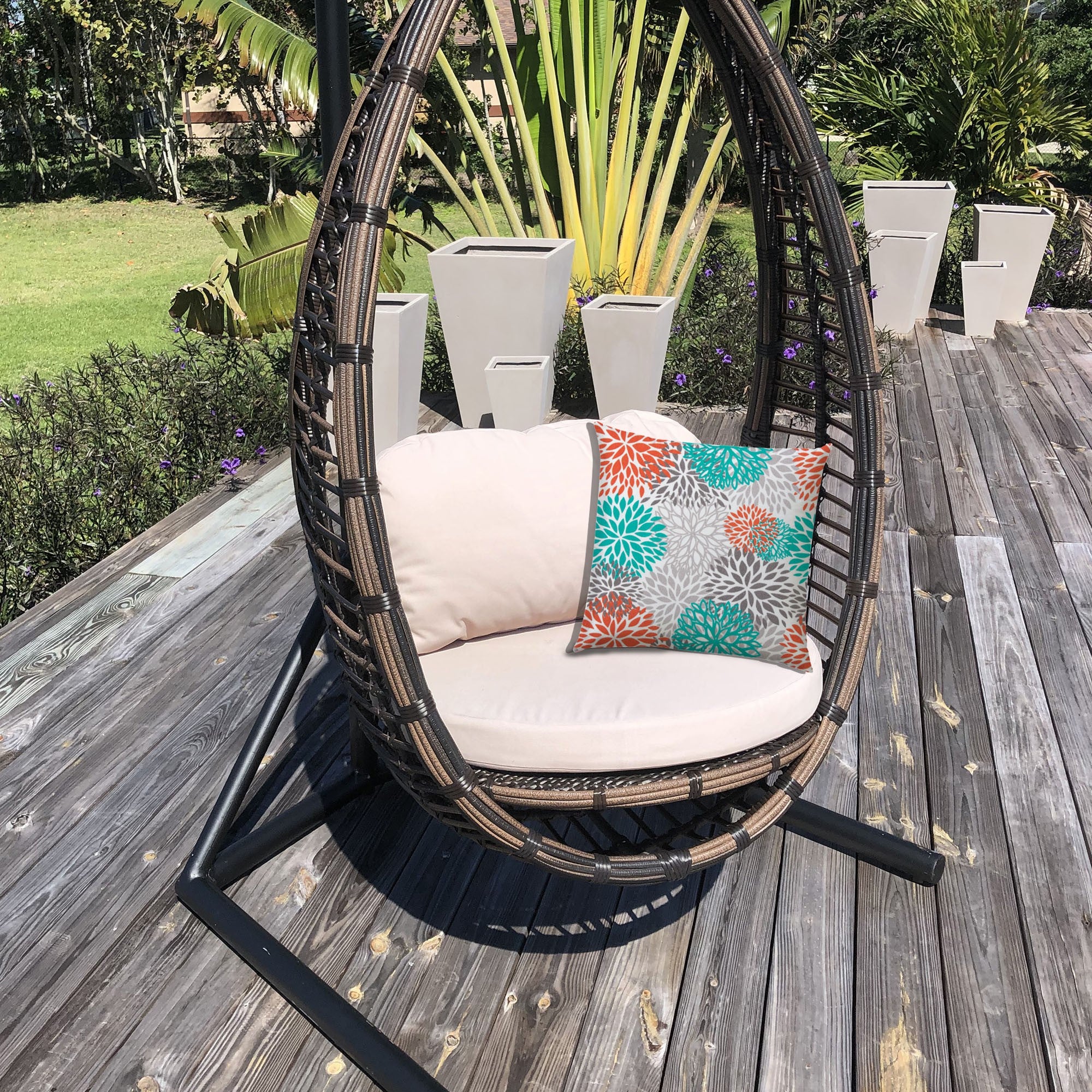 20" Gray Orange and White Floral Indoor Outdoor Throw Pillow Cover